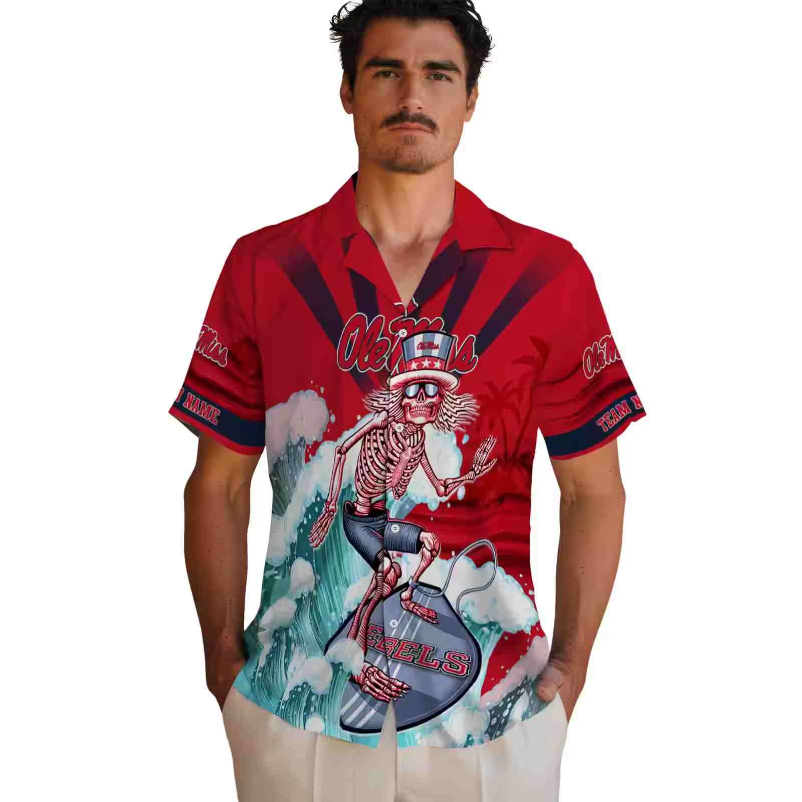 custom ole miss rebels surfing skeleton red blue hawaiian shirt fashion forward