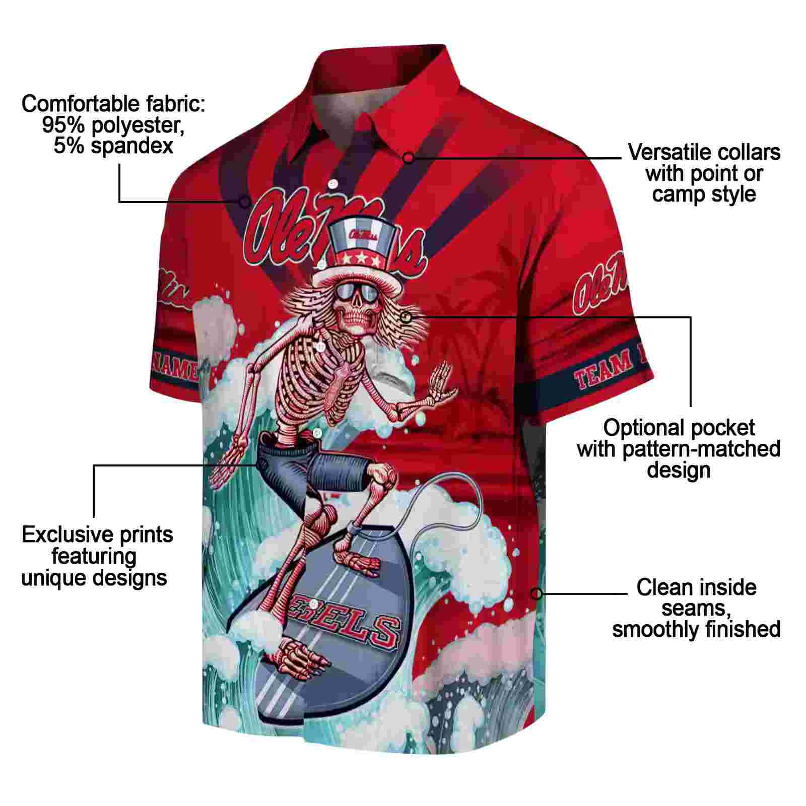 custom ole miss rebels surfing skeleton red blue hawaiian shirt new arrival