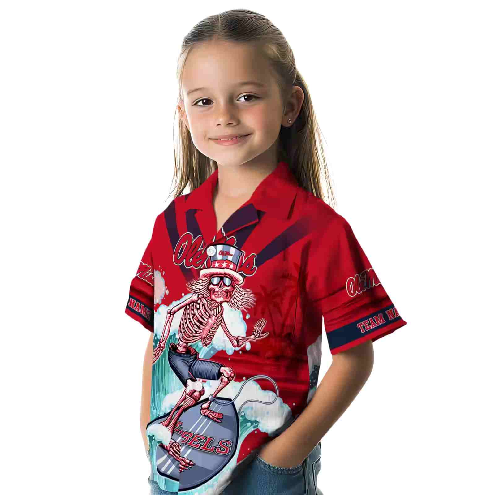 custom ole miss rebels surfing skeleton red blue hawaiian shirt premium grade