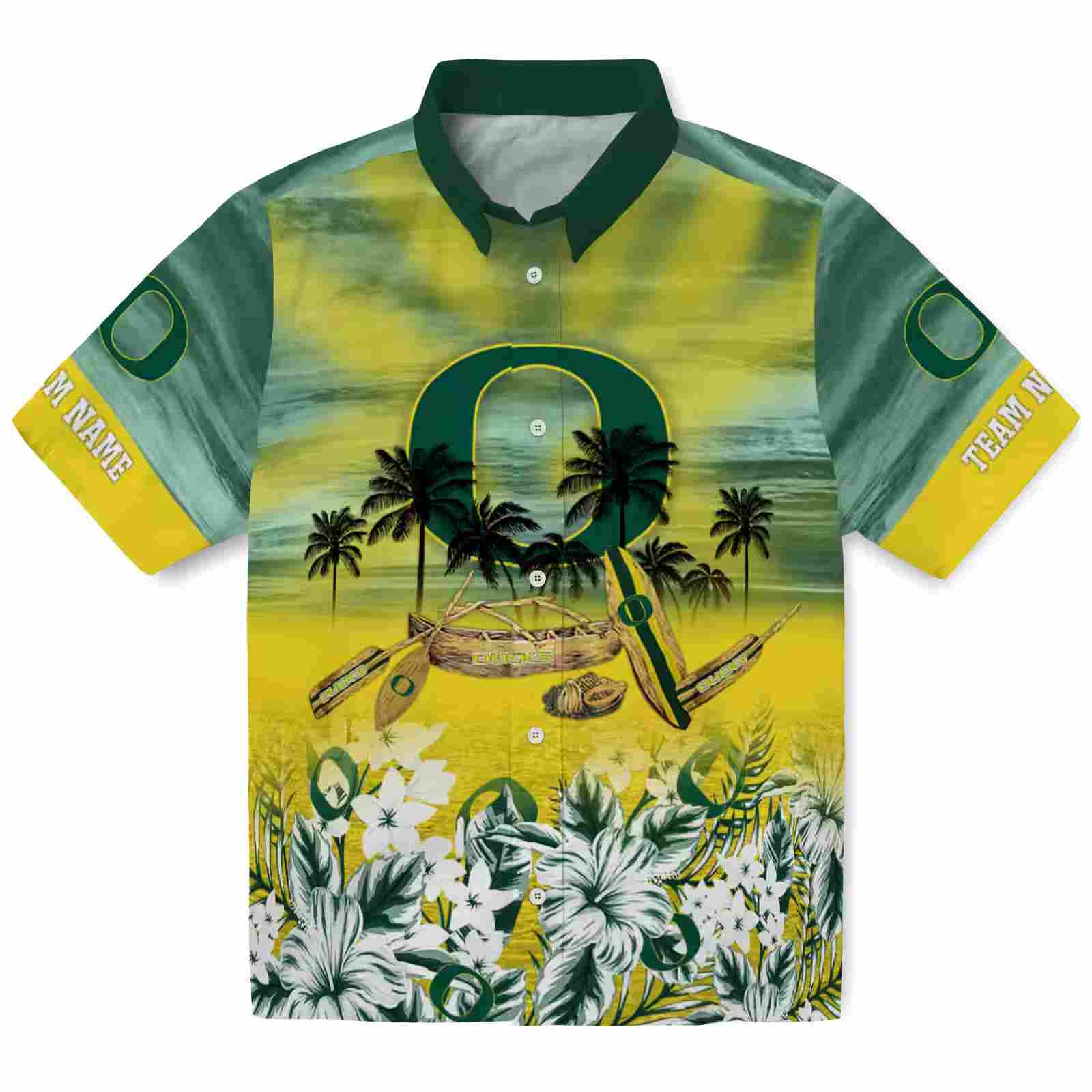 Custom Oregon Ducks Tropical Canoe Green Hawaiian Shirt