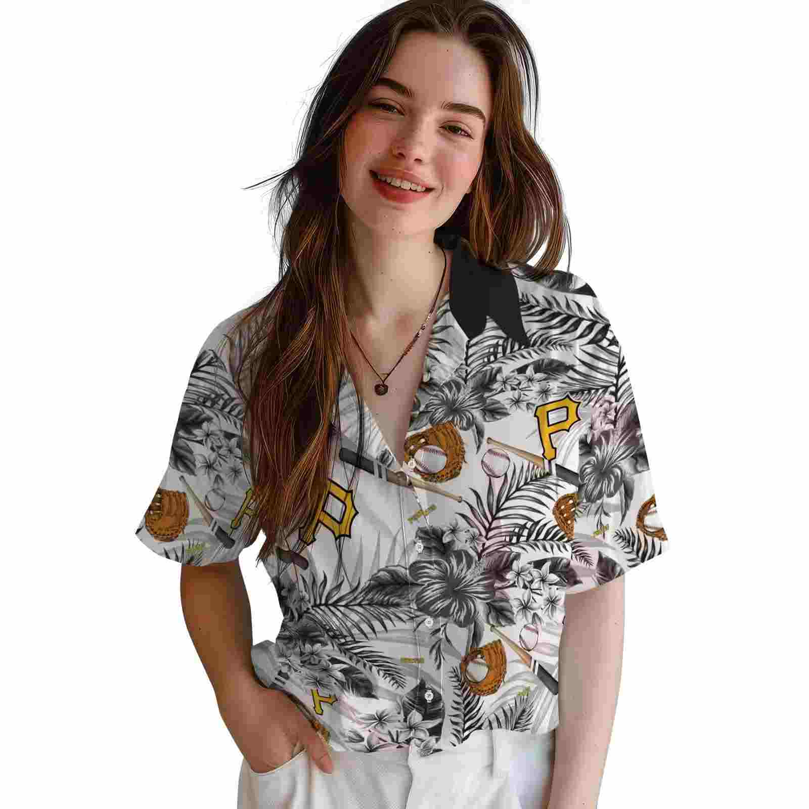 custom pittsburgh pirates floral baseball black white hawaiian shirt latest model