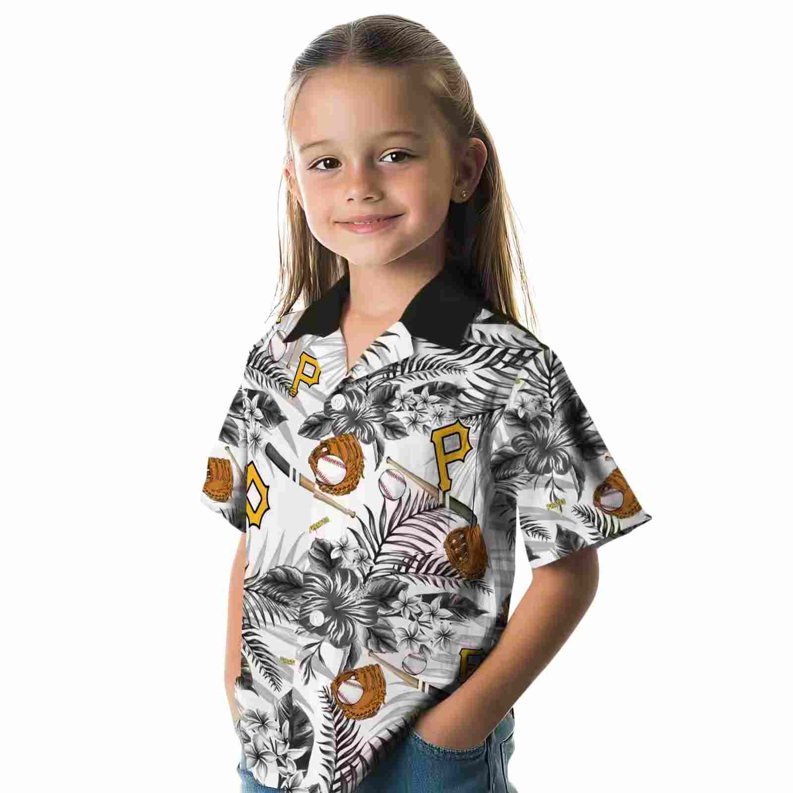 custom pittsburgh pirates floral baseball black white hawaiian shirt premium grade