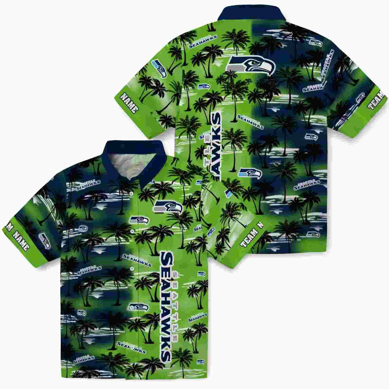 custom seattle seahawks palm silhouettes blue hawaiian shirt high quality