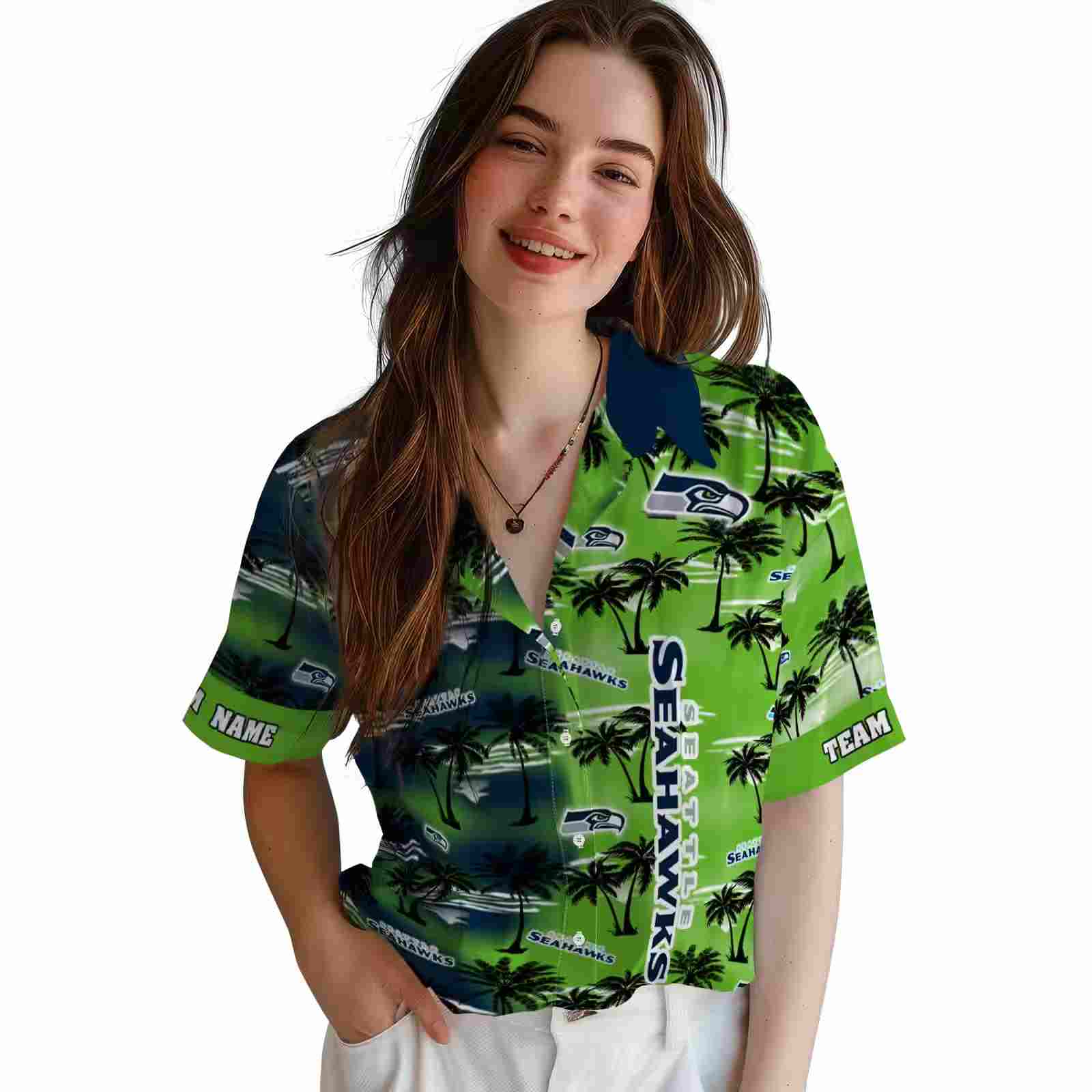 custom seattle seahawks palm silhouettes blue hawaiian shirt latest model