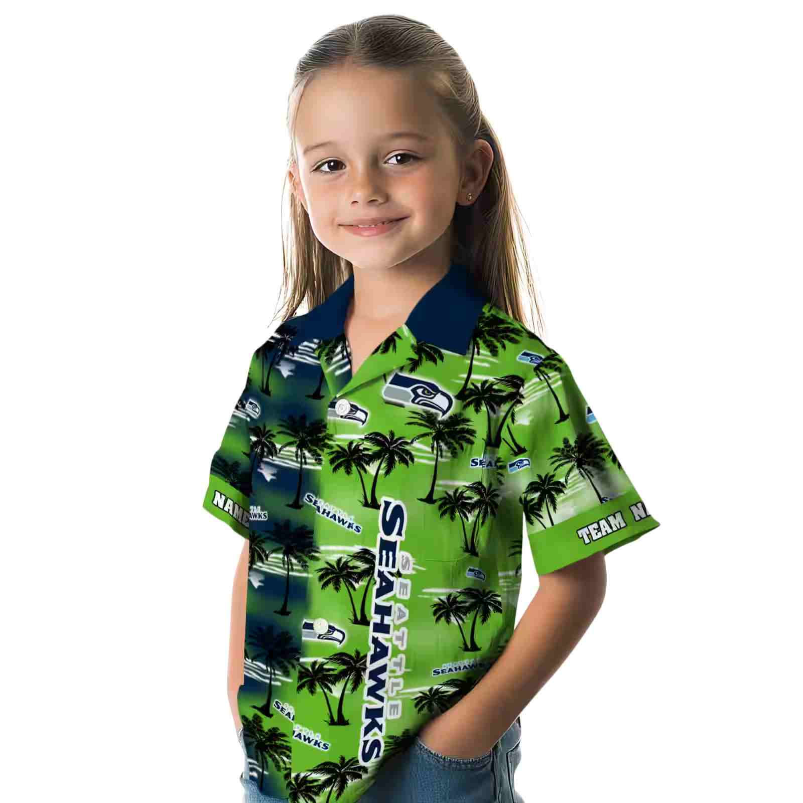 custom seattle seahawks palm silhouettes blue hawaiian shirt premium grade