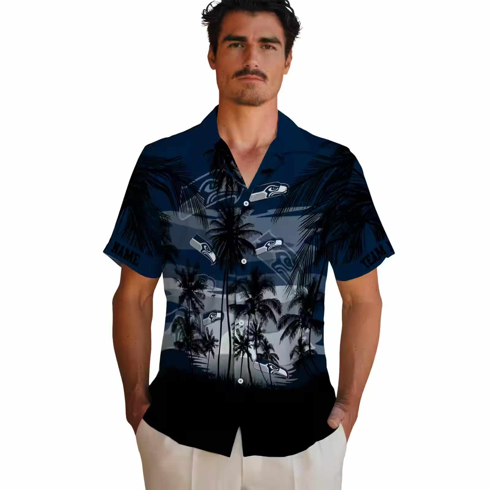 custom seattle seahawks sunset scene blue black hawaiian shirt fashion forward