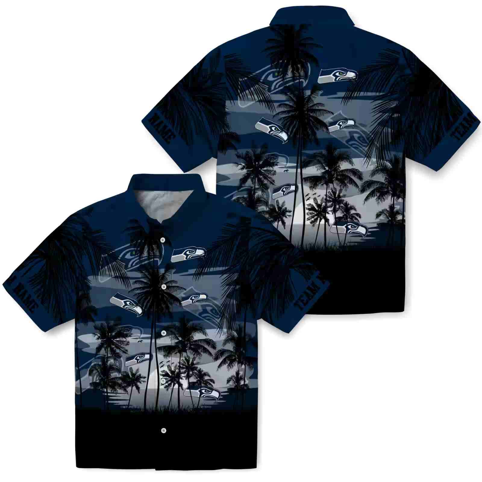 custom seattle seahawks sunset scene blue black hawaiian shirt high quality