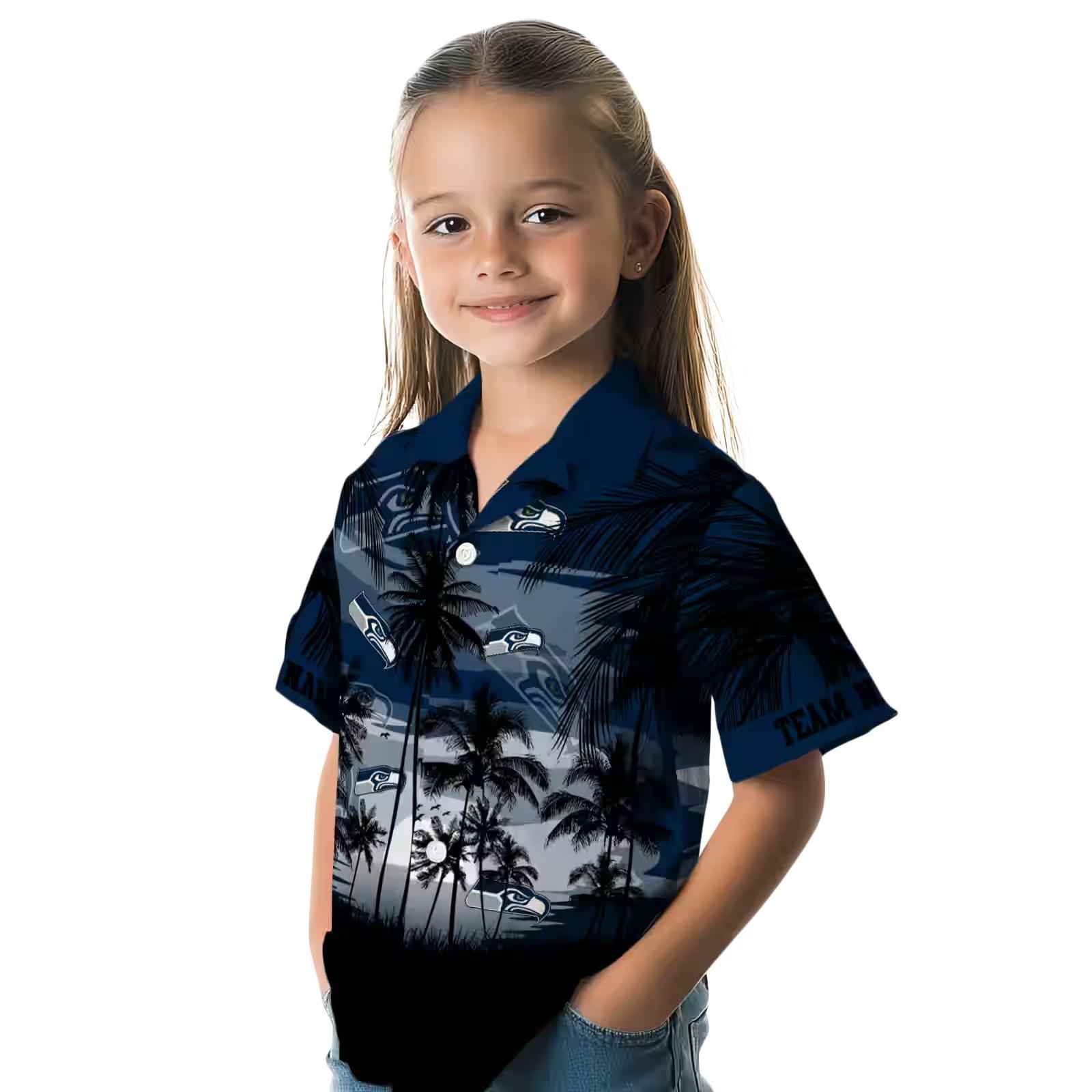 custom seattle seahawks sunset scene blue black hawaiian shirt premium grade