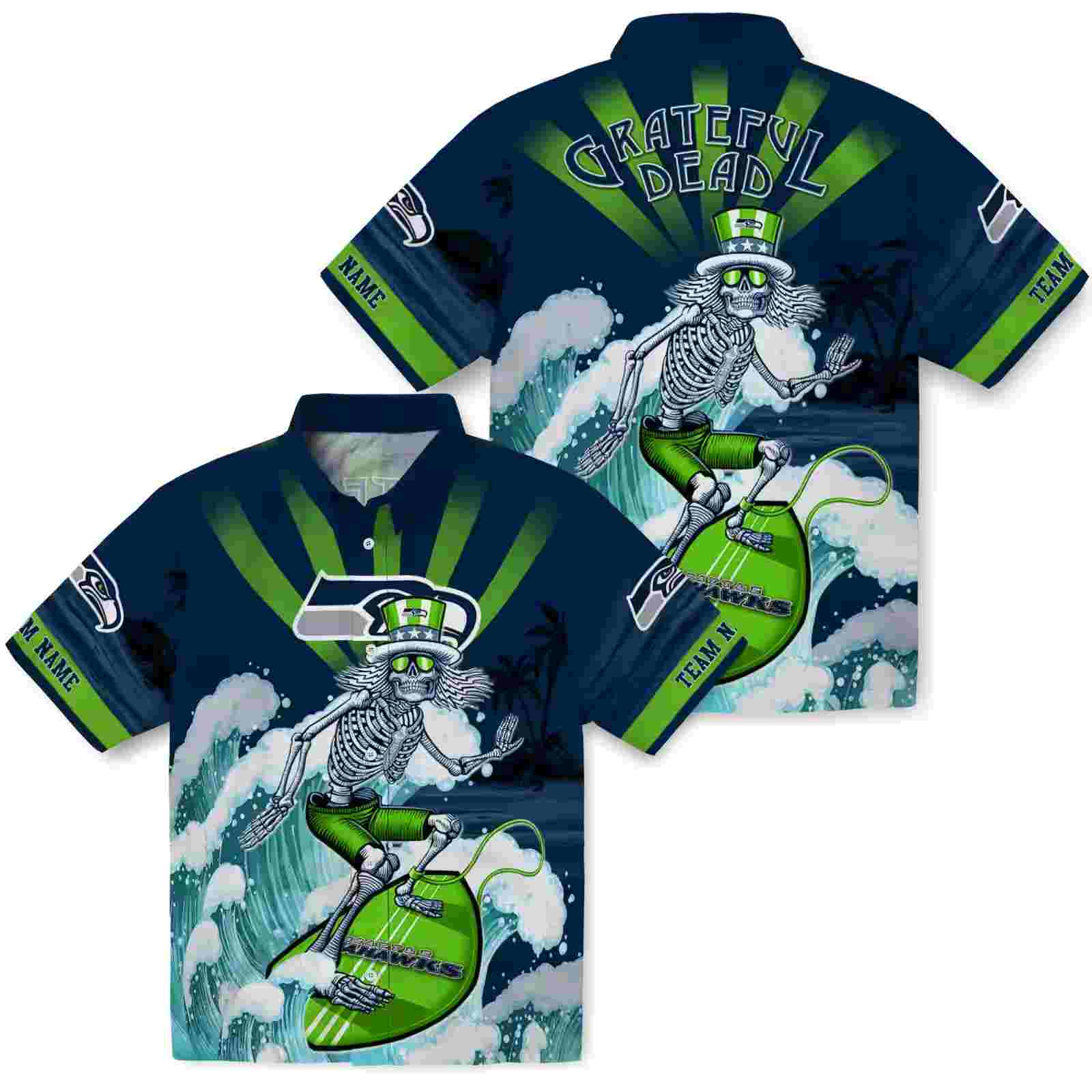 custom seattle seahawks surfing skeleton blue hawaiian shirt high quality