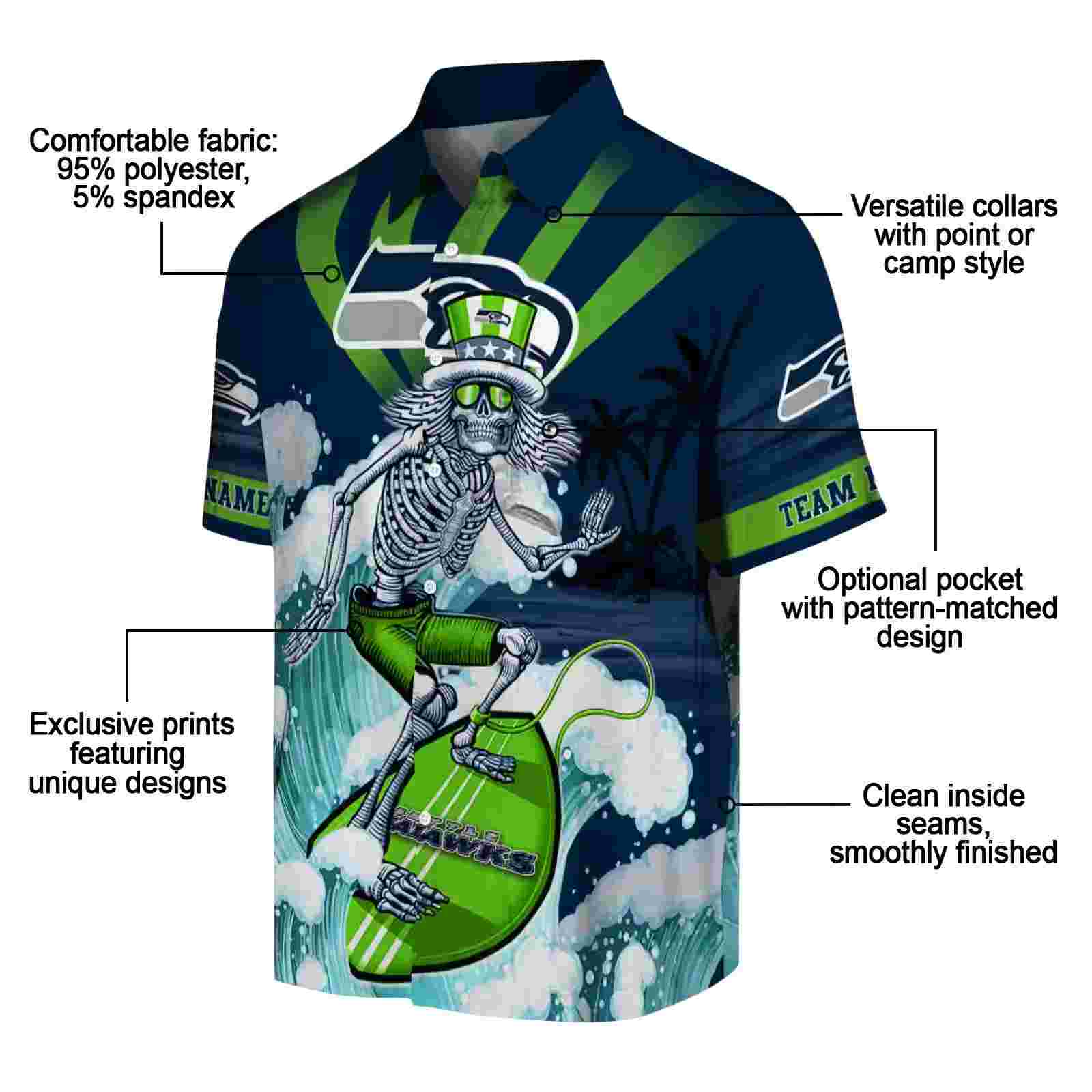 custom seattle seahawks surfing skeleton blue hawaiian shirt new arrival