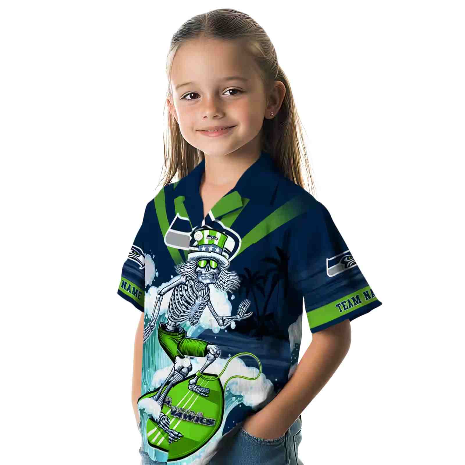 custom seattle seahawks surfing skeleton blue hawaiian shirt premium grade