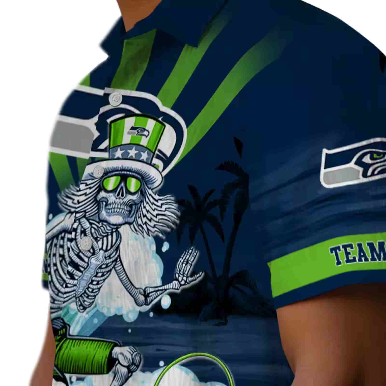 custom seattle seahawks surfing skeleton blue hawaiian shirt trendy