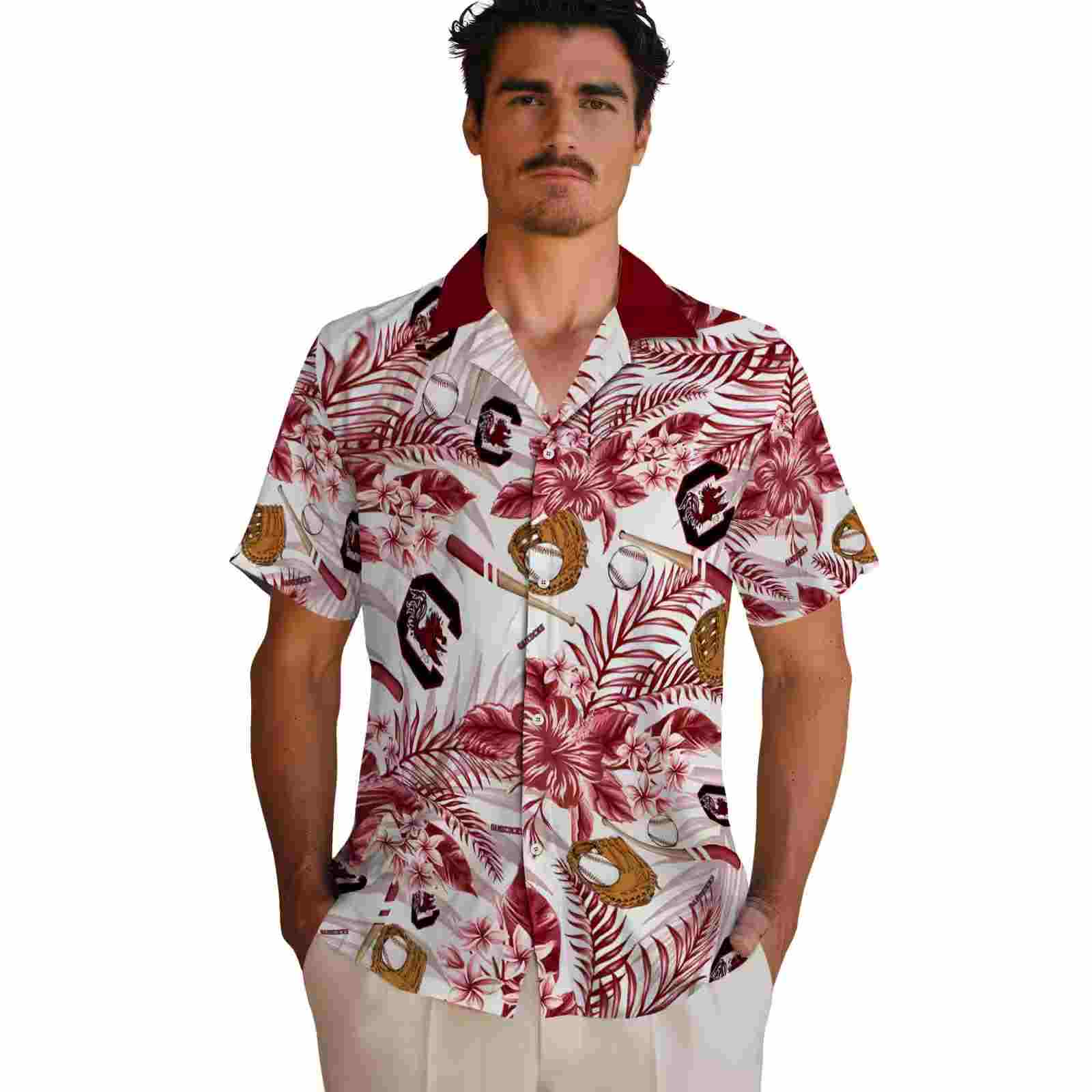 custom south carolina gamecocks floral baseball garnet white hawaiian shirt fashion forward