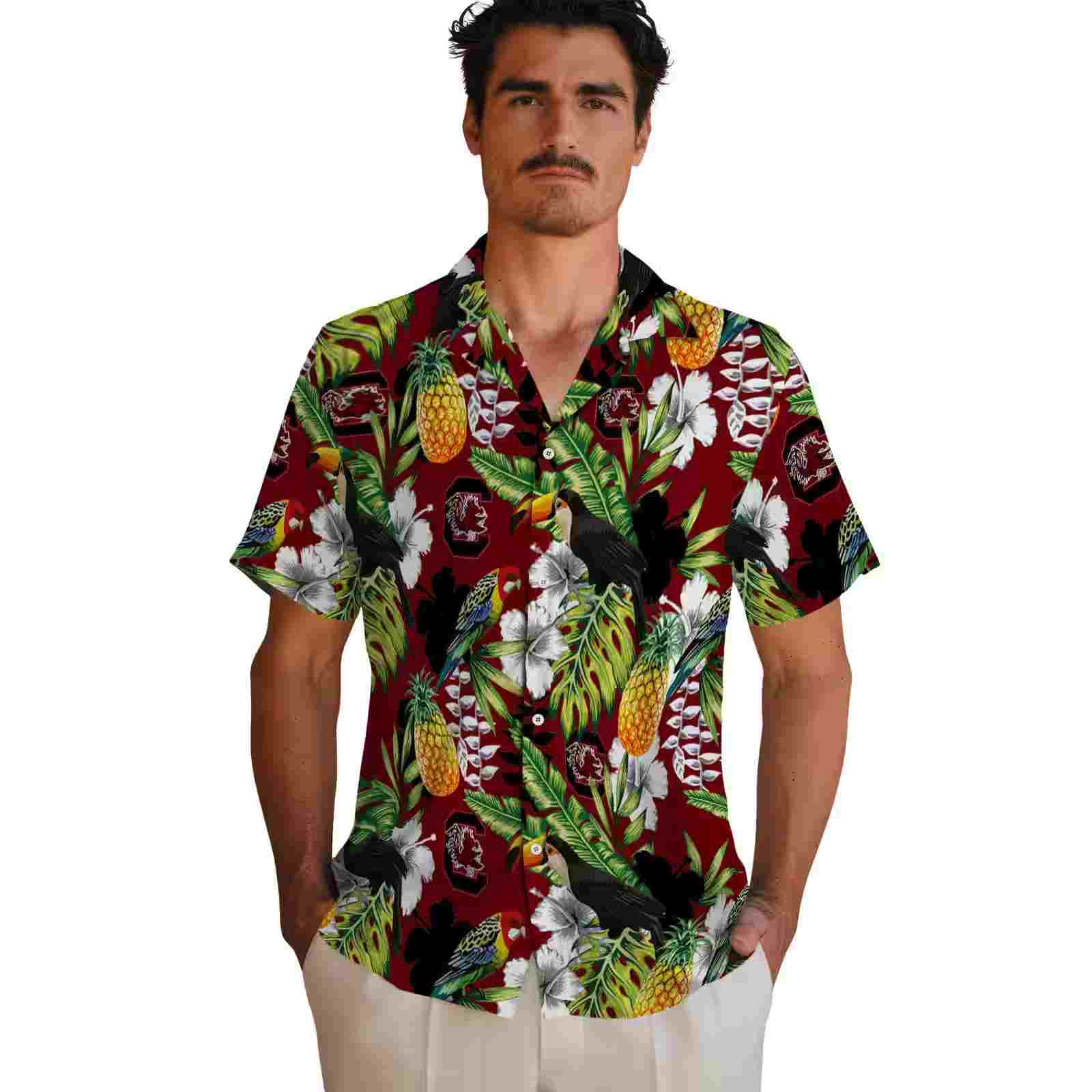 custom south carolina gamecocks tropical toucan garnet green hawaiian shirt fashion forward