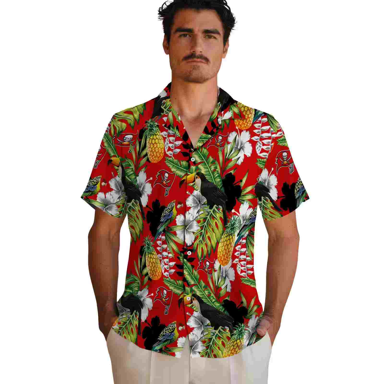 custom tampa bay buccaneers tropical toucan red green hawaiian shirt fashion forward