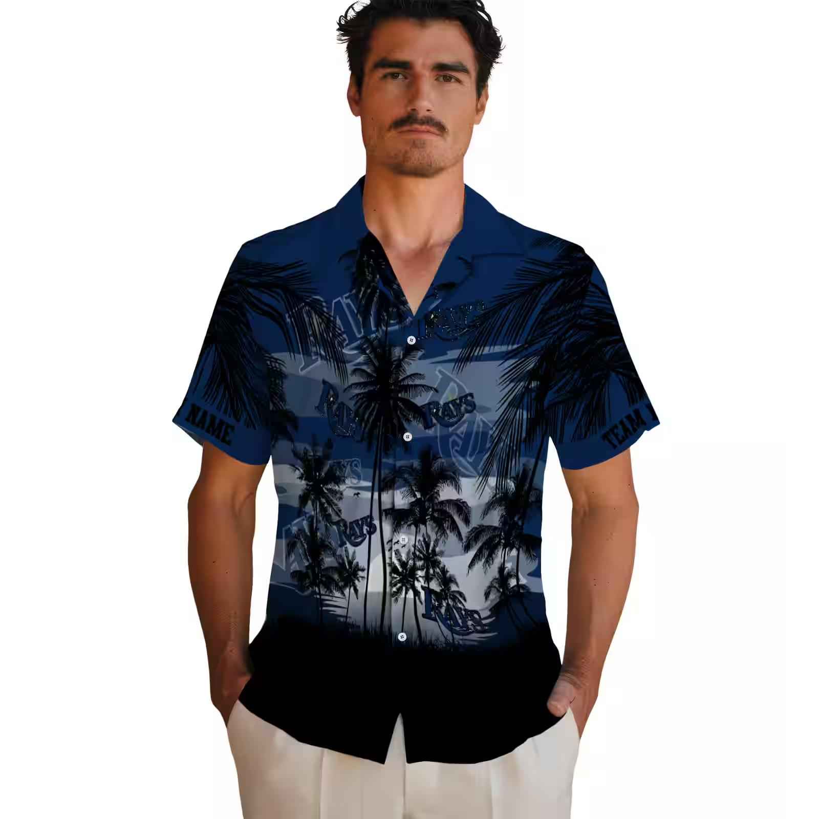 custom tampa bay rays sunset scene navy black hawaiian shirt fashion forward