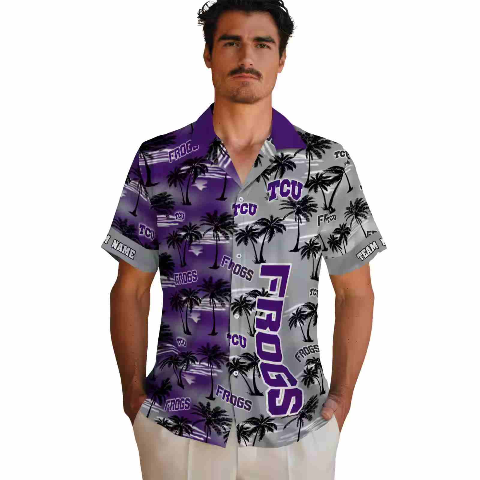 custom tcu horned frogs palm silhouettes purple hawaiian shirt fashion forward