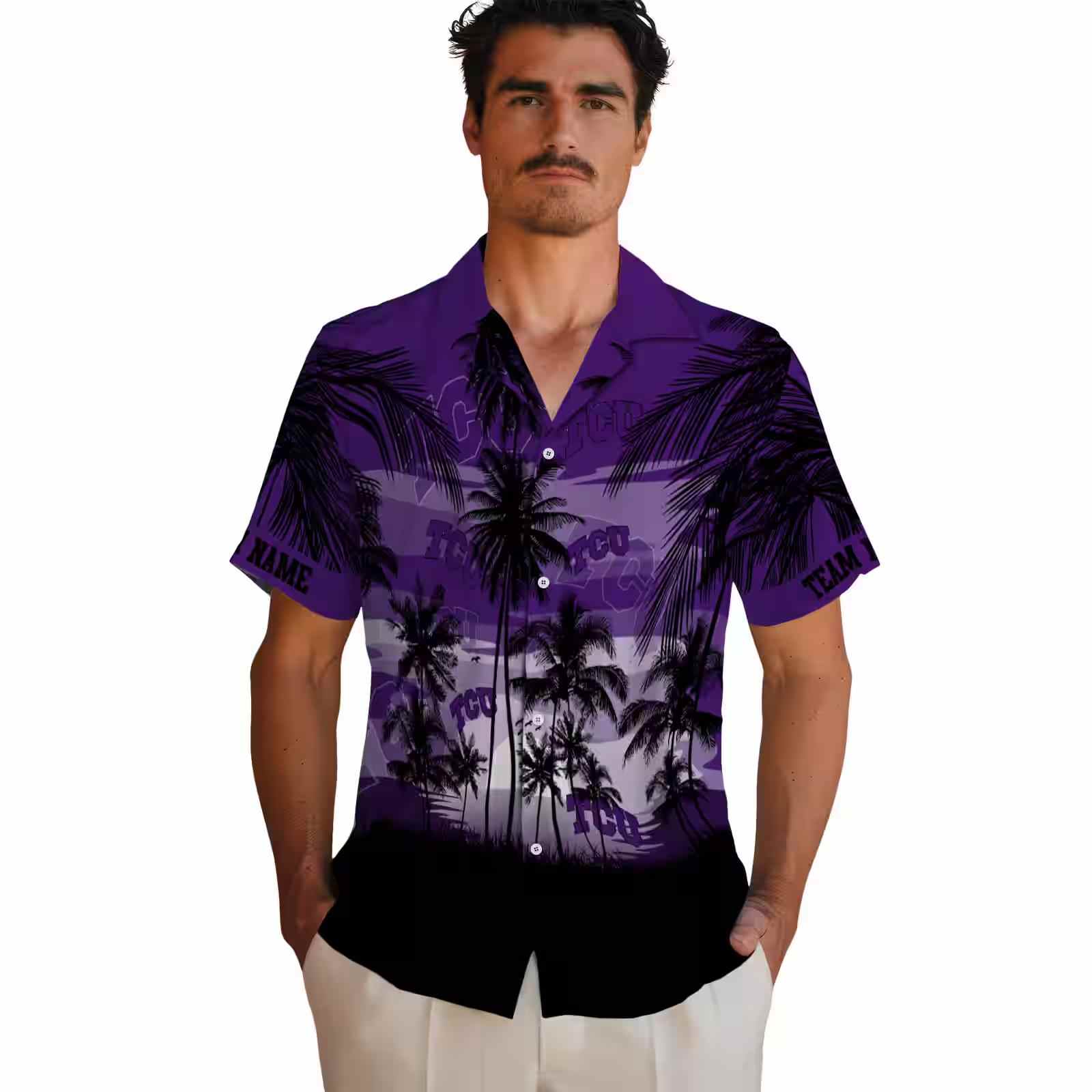 custom tcu horned frogs sunset scene purple black hawaiian shirt fashion forward