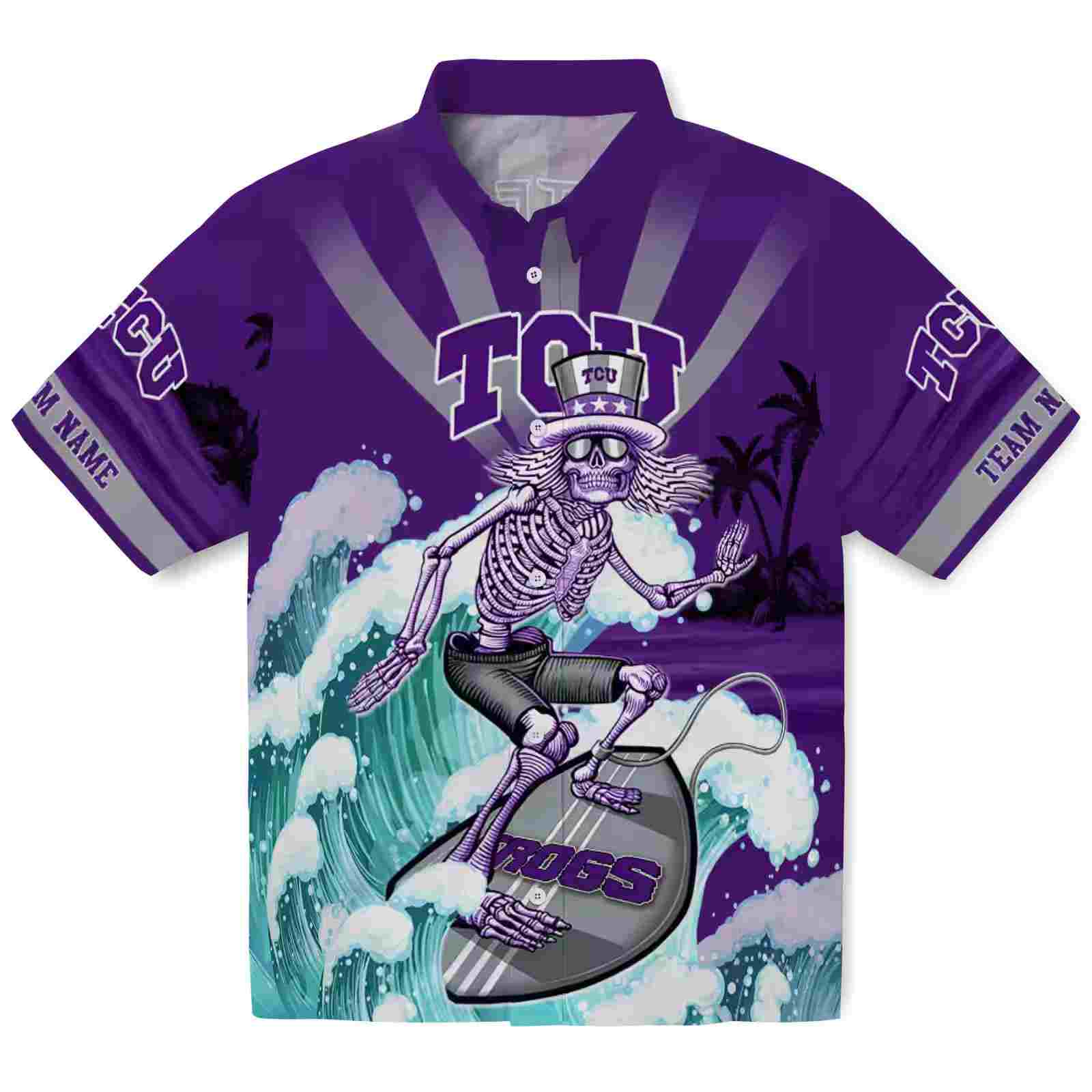 Custom TCU Horned Frogs Surfing Skeleton Purple Blue Hawaiian Shirt