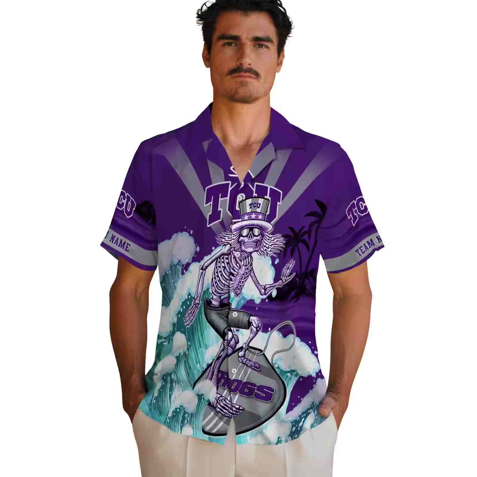 custom tcu horned frogs surfing skeleton purple blue hawaiian shirt fashion forward