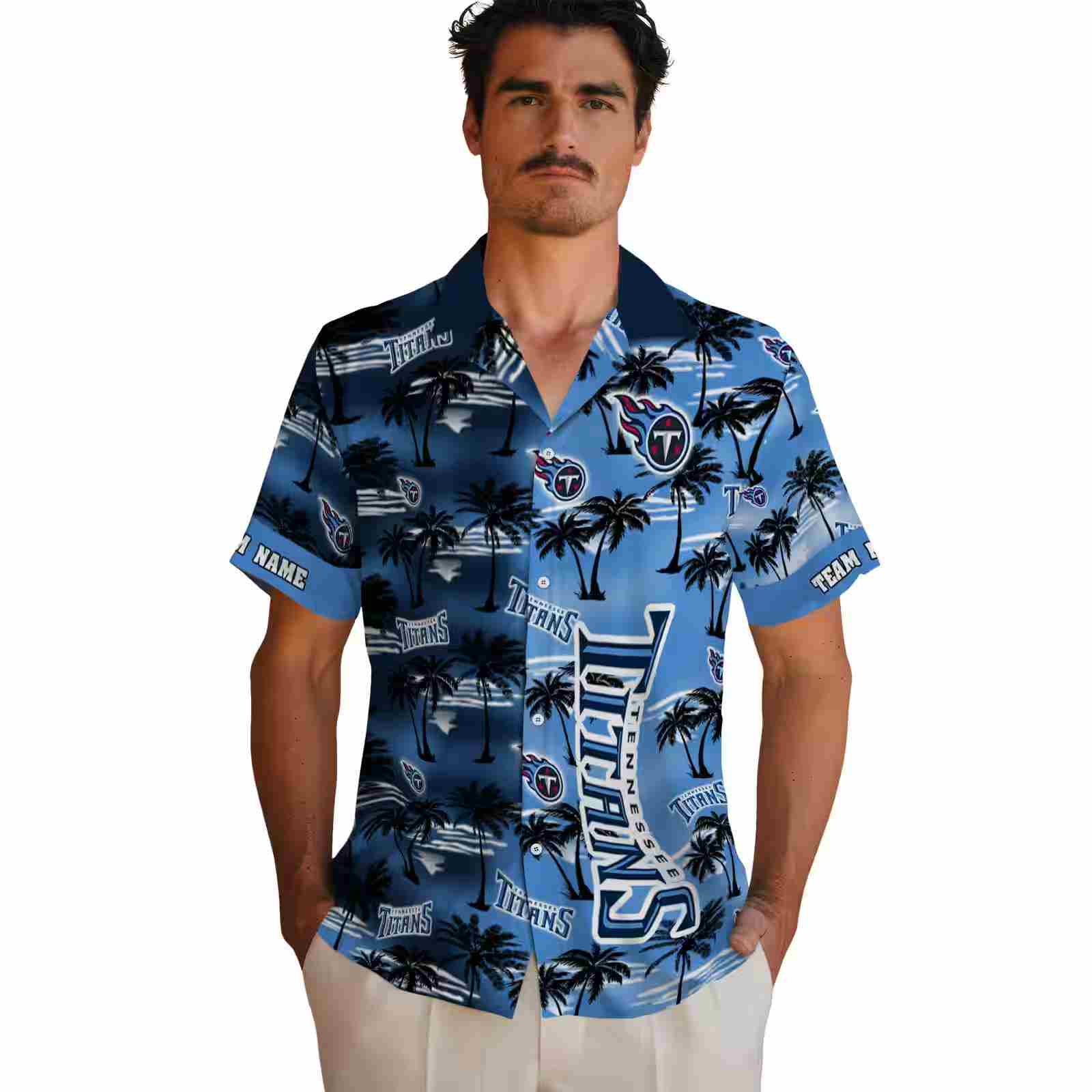 custom tennessee titans palm silhouettes navy hawaiian shirt fashion forward