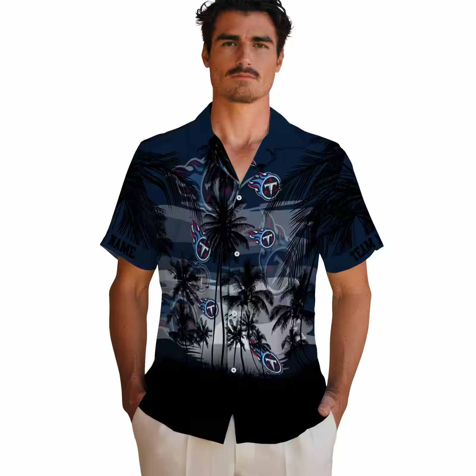 custom tennessee titans sunset scene navy black hawaiian shirt fashion forward