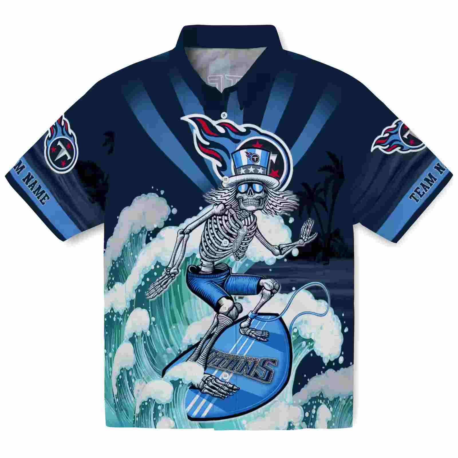 Custom Tennessee Titans Surfing Skeleton Navy Blue Hawaiian Shirt