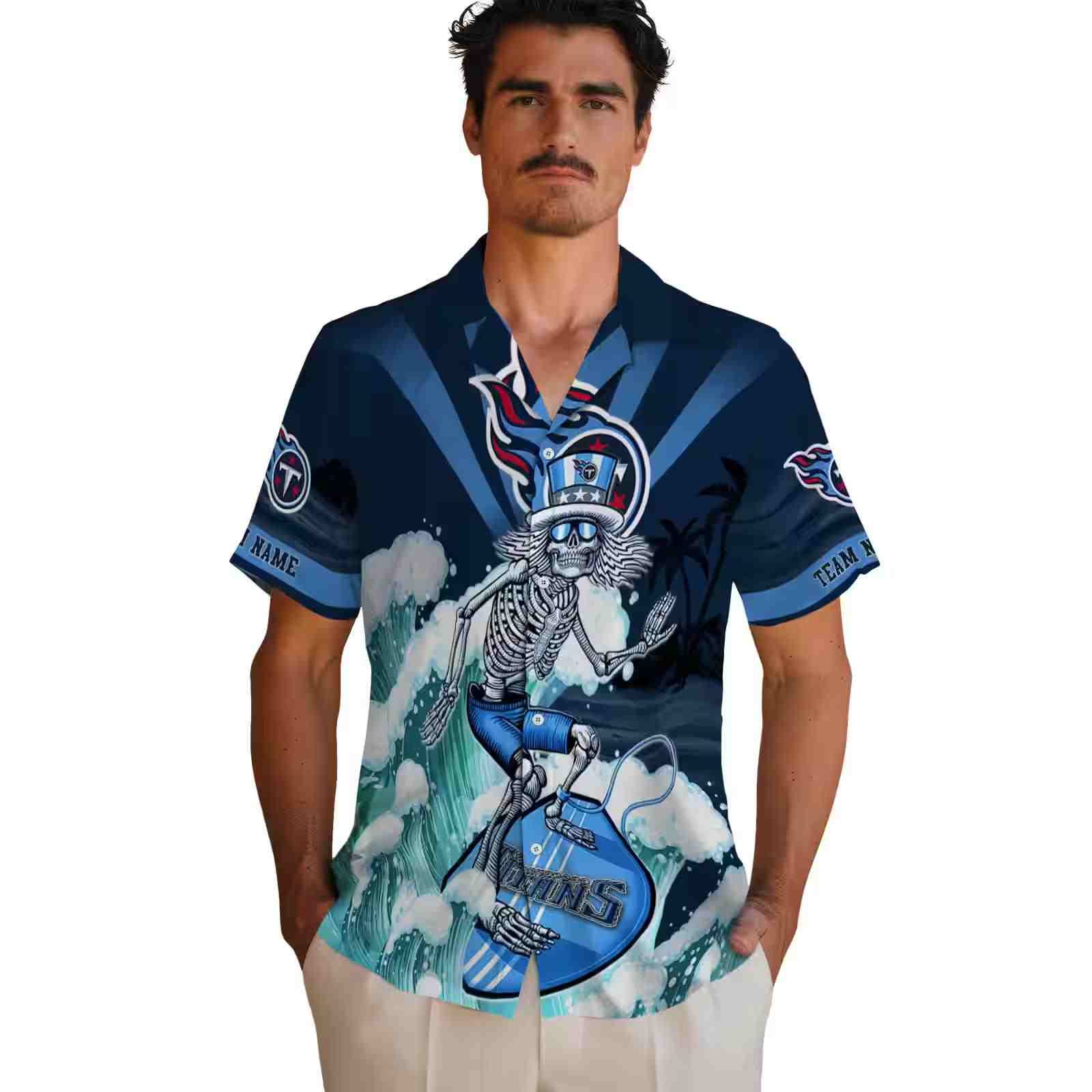 custom tennessee titans surfing skeleton navy blue hawaiian shirt fashion forward