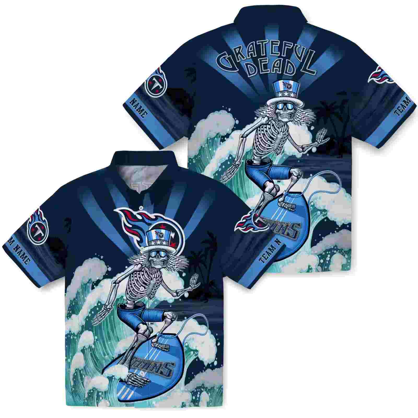 custom tennessee titans surfing skeleton navy blue hawaiian shirt high quality