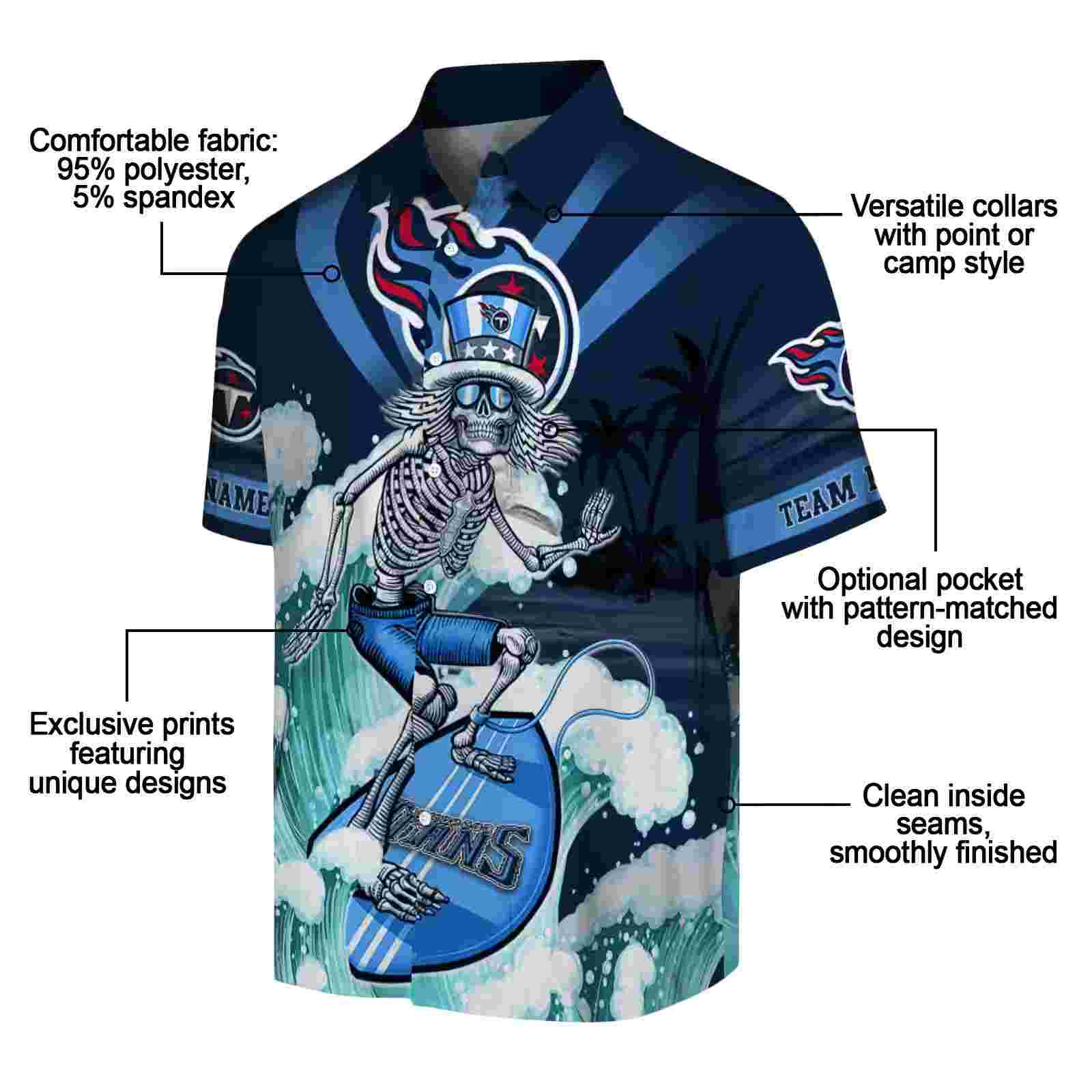 custom tennessee titans surfing skeleton navy blue hawaiian shirt new arrival