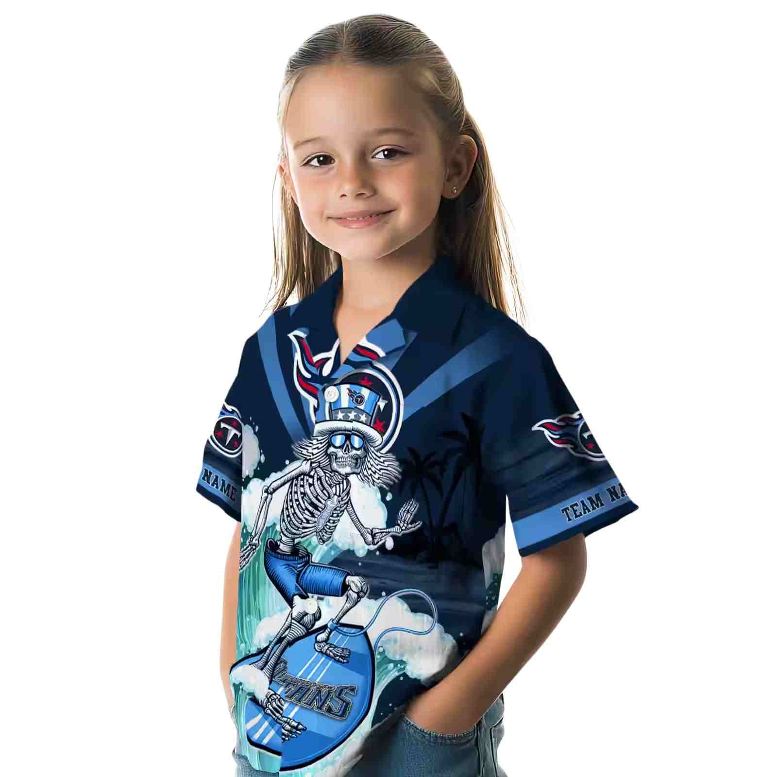 custom tennessee titans surfing skeleton navy blue hawaiian shirt premium grade