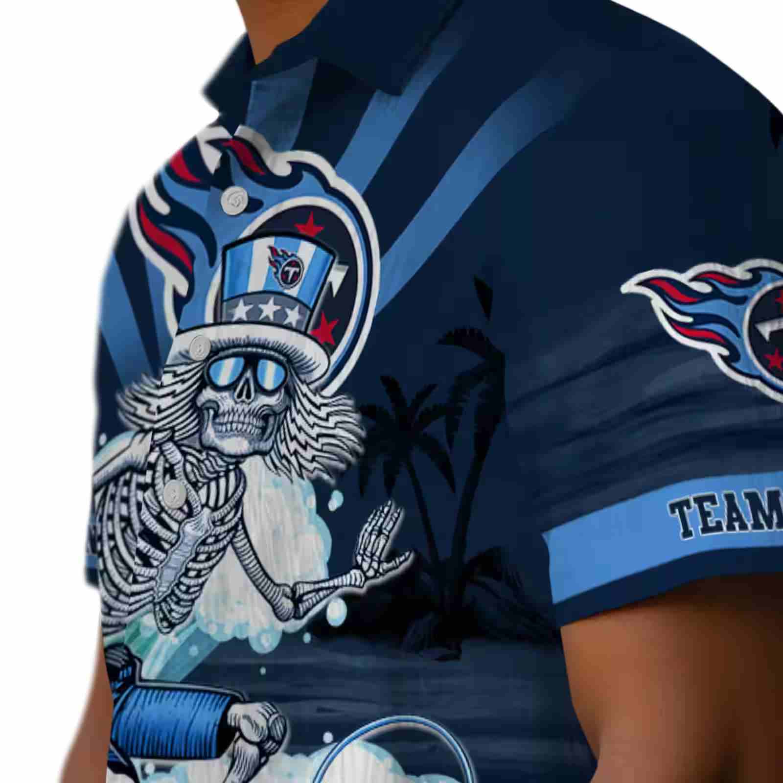 custom tennessee titans surfing skeleton navy blue hawaiian shirt trendy