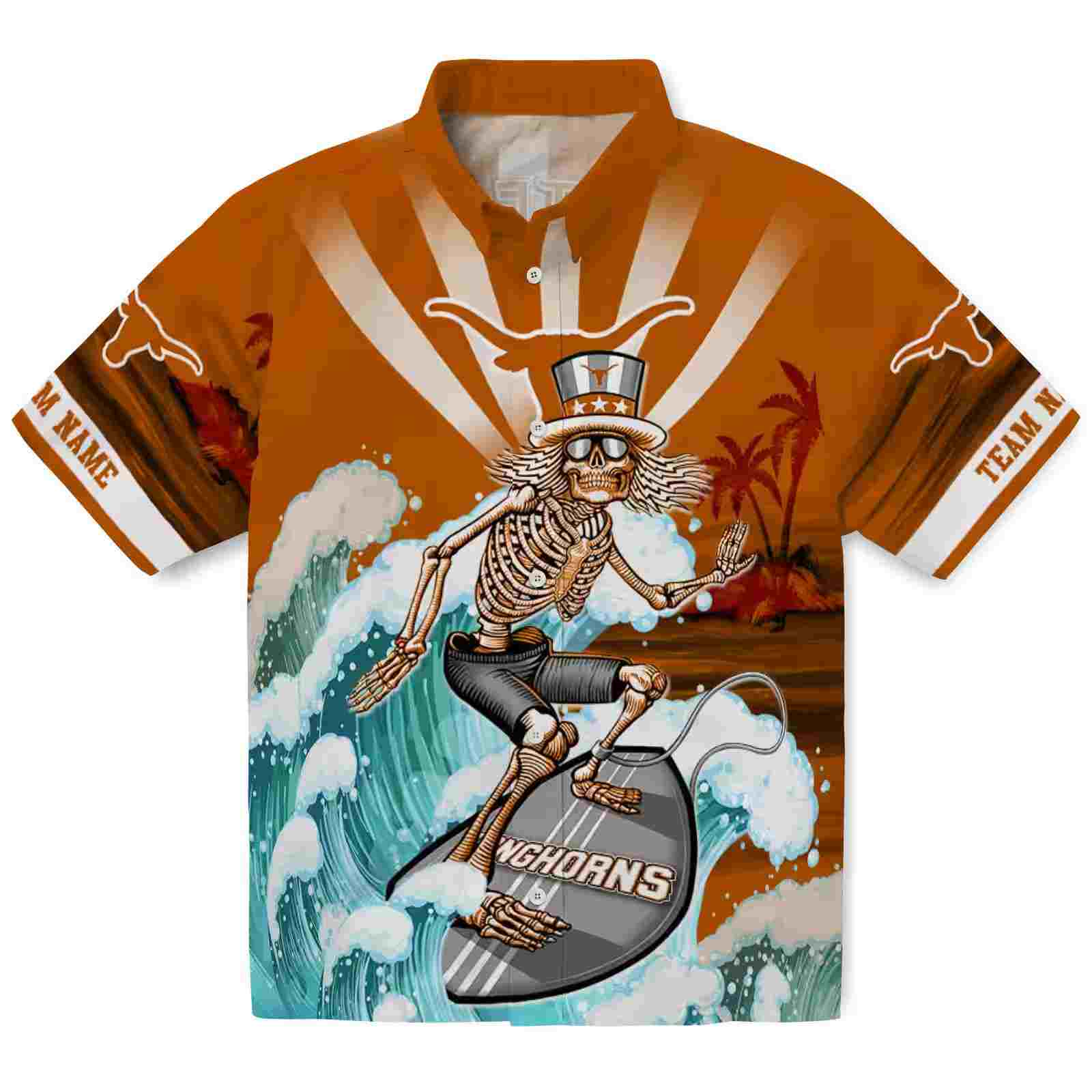 Custom Texas Longhorns Surfing Skeleton Orange Blue Hawaiian Shirt