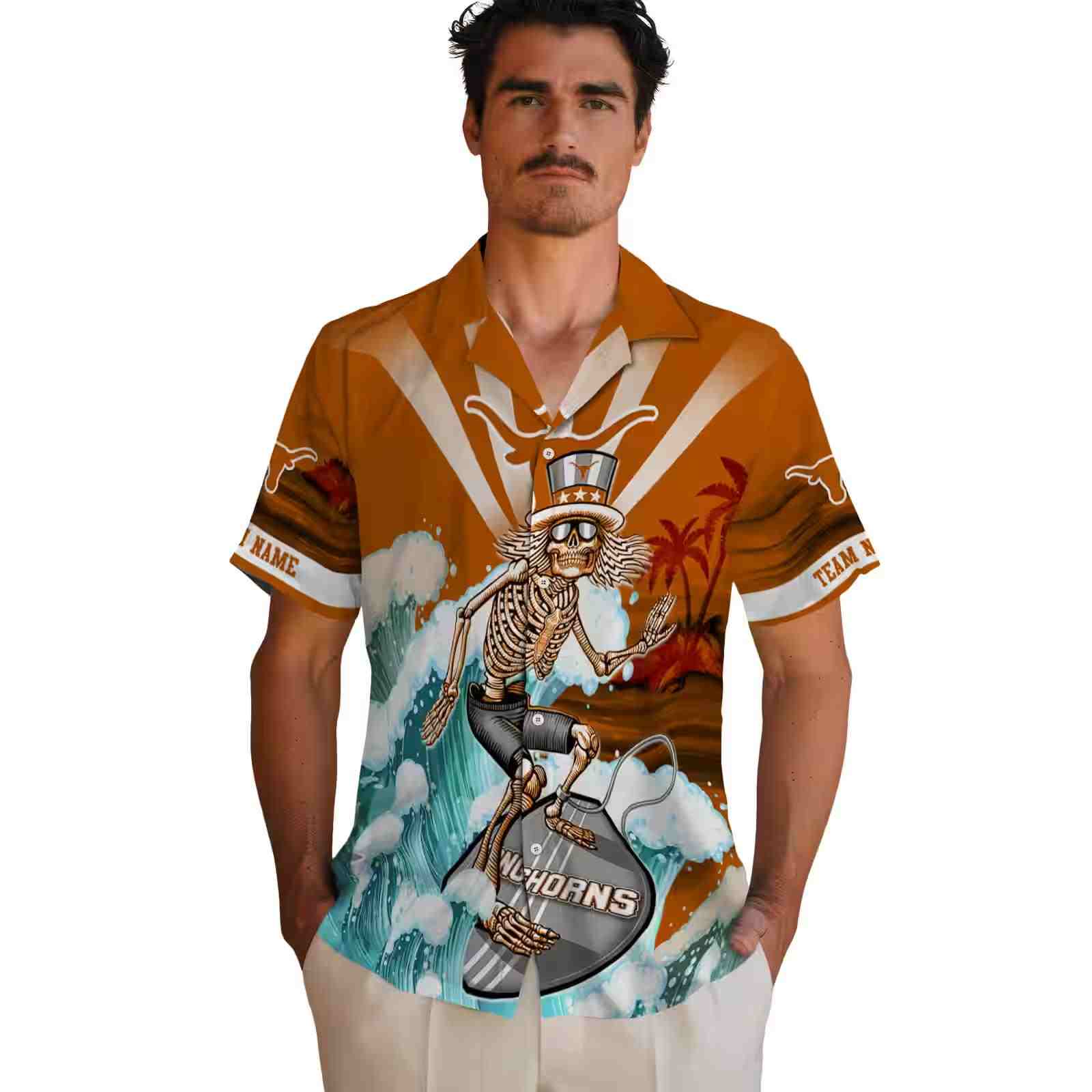 custom texas longhorns surfing skeleton orange blue hawaiian shirt fashion forward