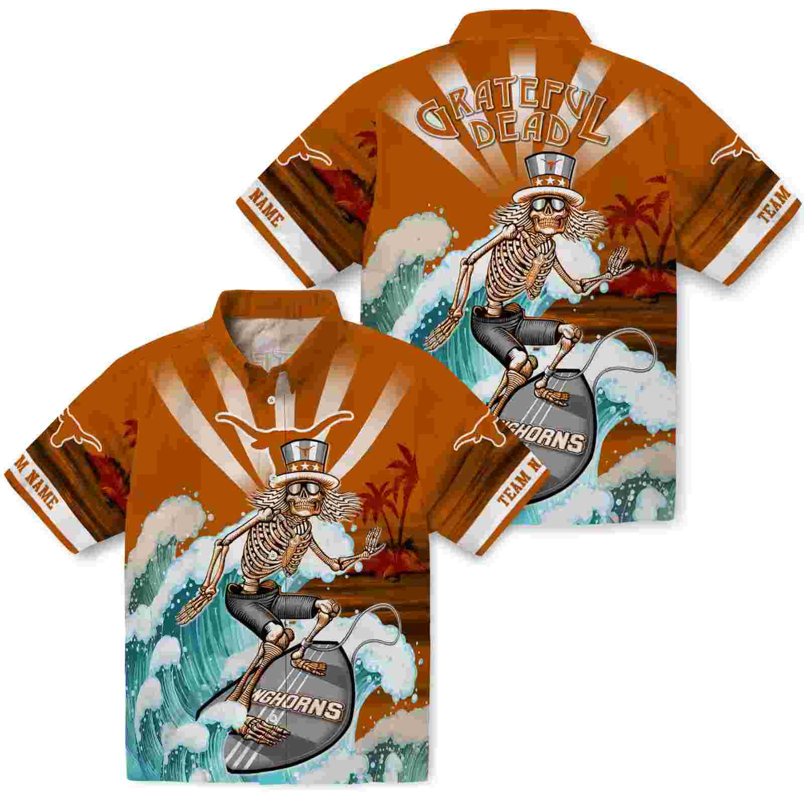 custom texas longhorns surfing skeleton orange blue hawaiian shirt high quality