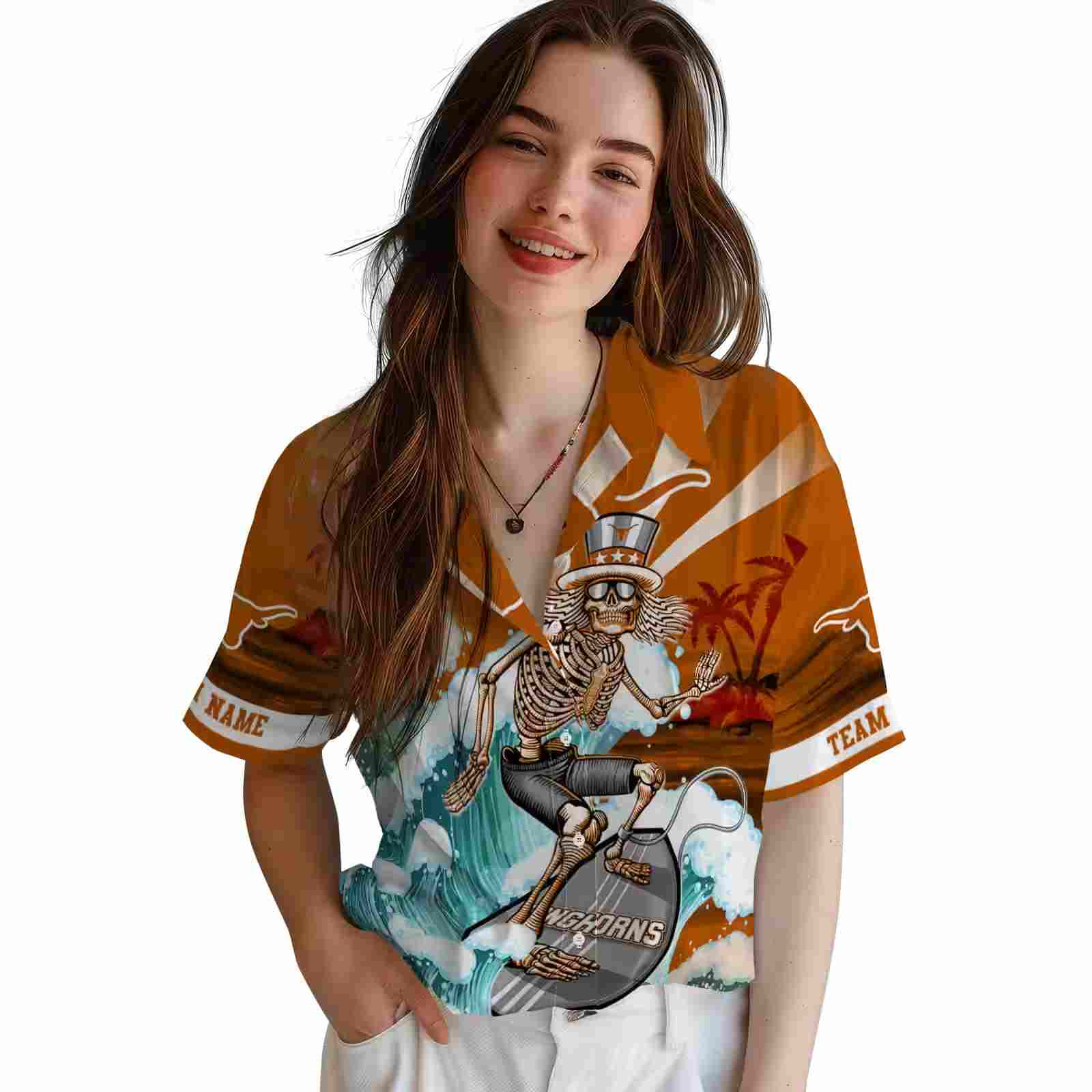 custom texas longhorns surfing skeleton orange blue hawaiian shirt latest model