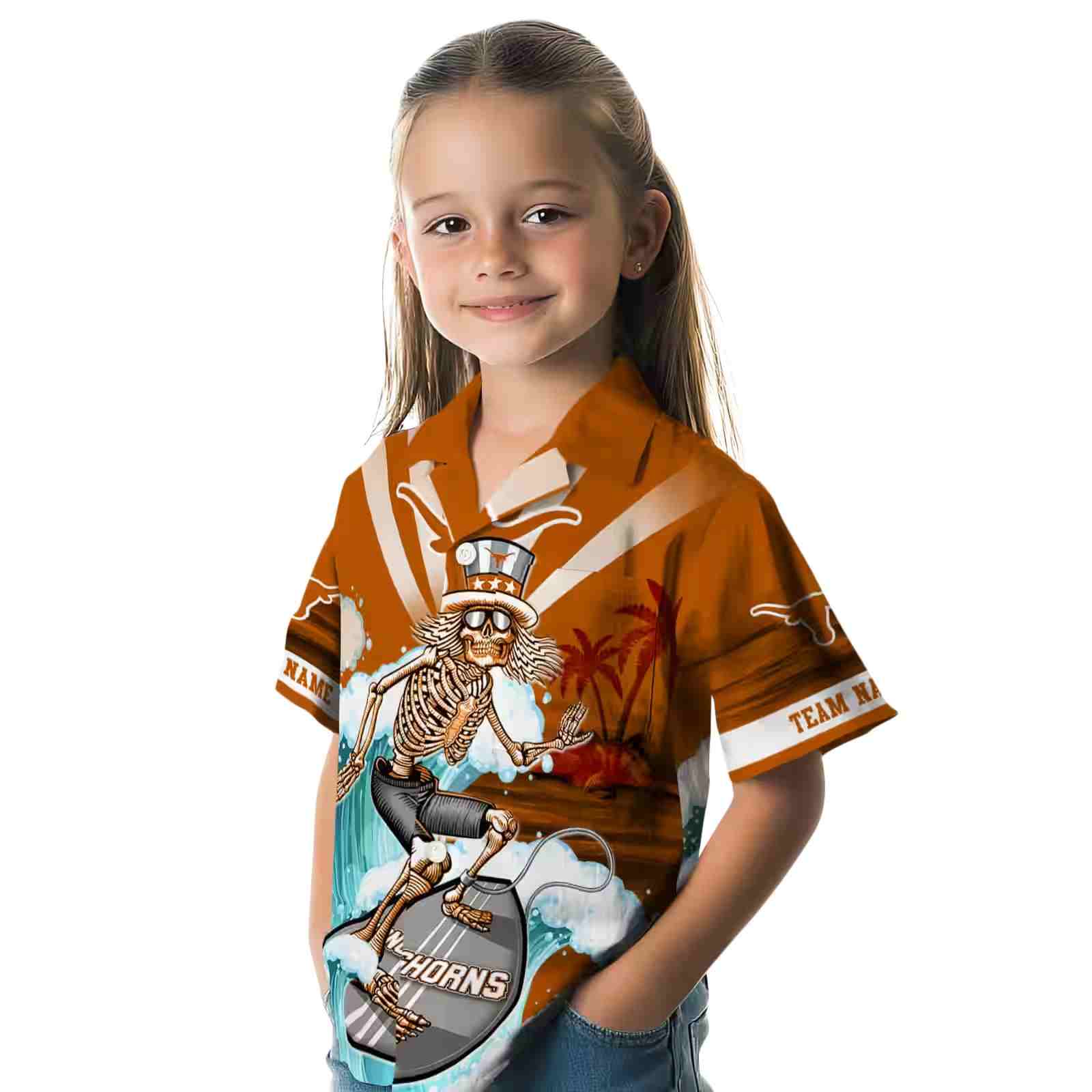 custom texas longhorns surfing skeleton orange blue hawaiian shirt premium grade