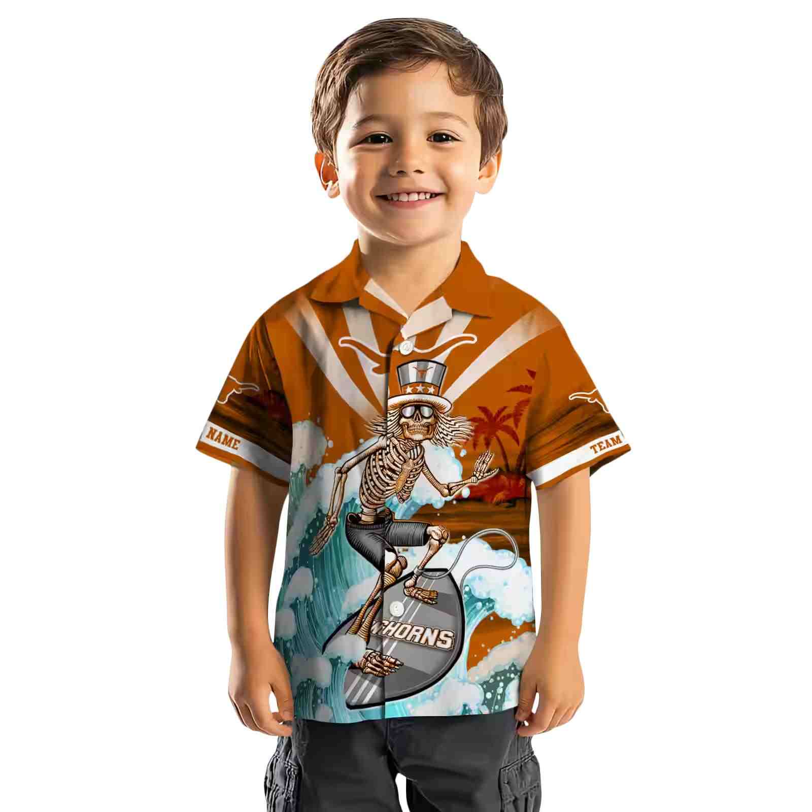 custom texas longhorns surfing skeleton orange blue hawaiian shirt top rated