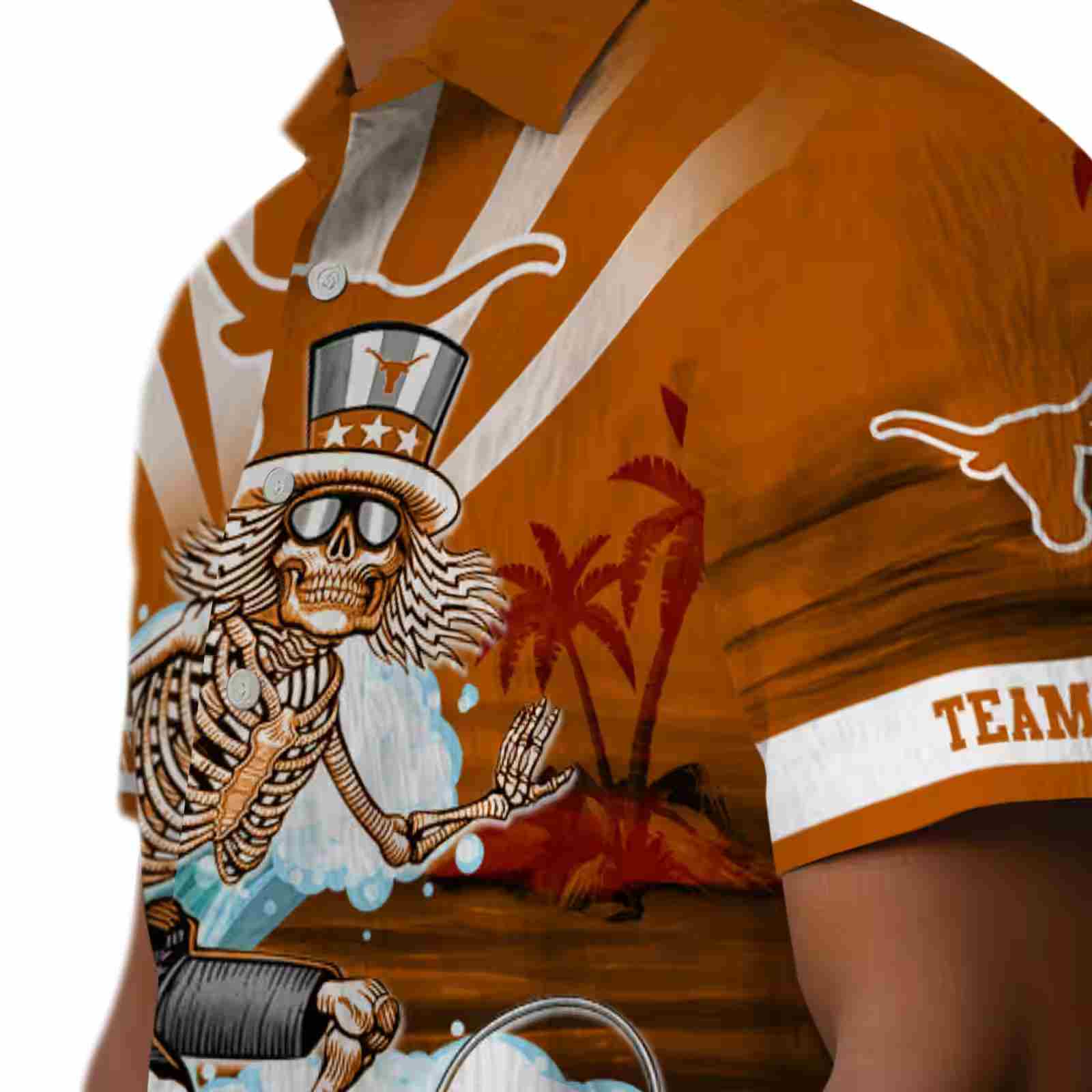 custom texas longhorns surfing skeleton orange blue hawaiian shirt trendy