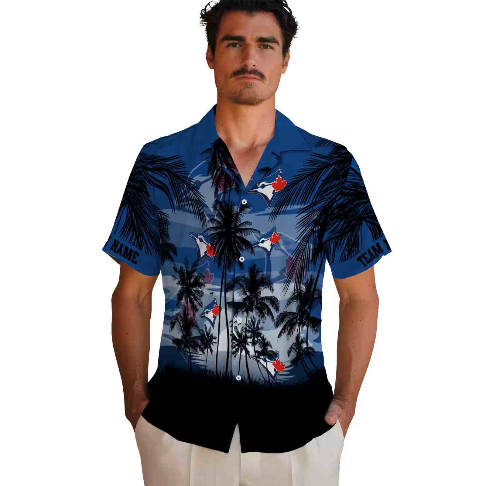 custom toronto blue jays sunset scene blue black hawaiian shirt fashion forward