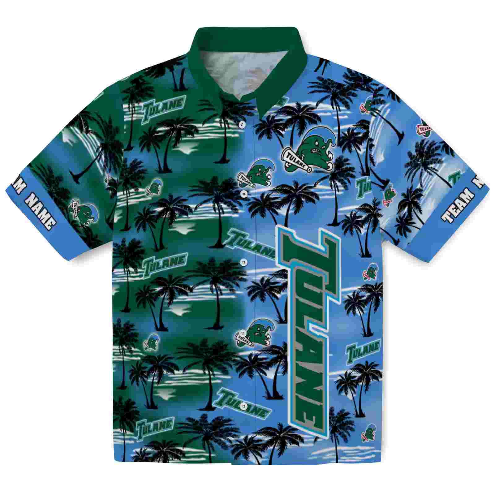 Custom Tulane Green Wave Palm Silhouettes Green Hawaiian Shirt