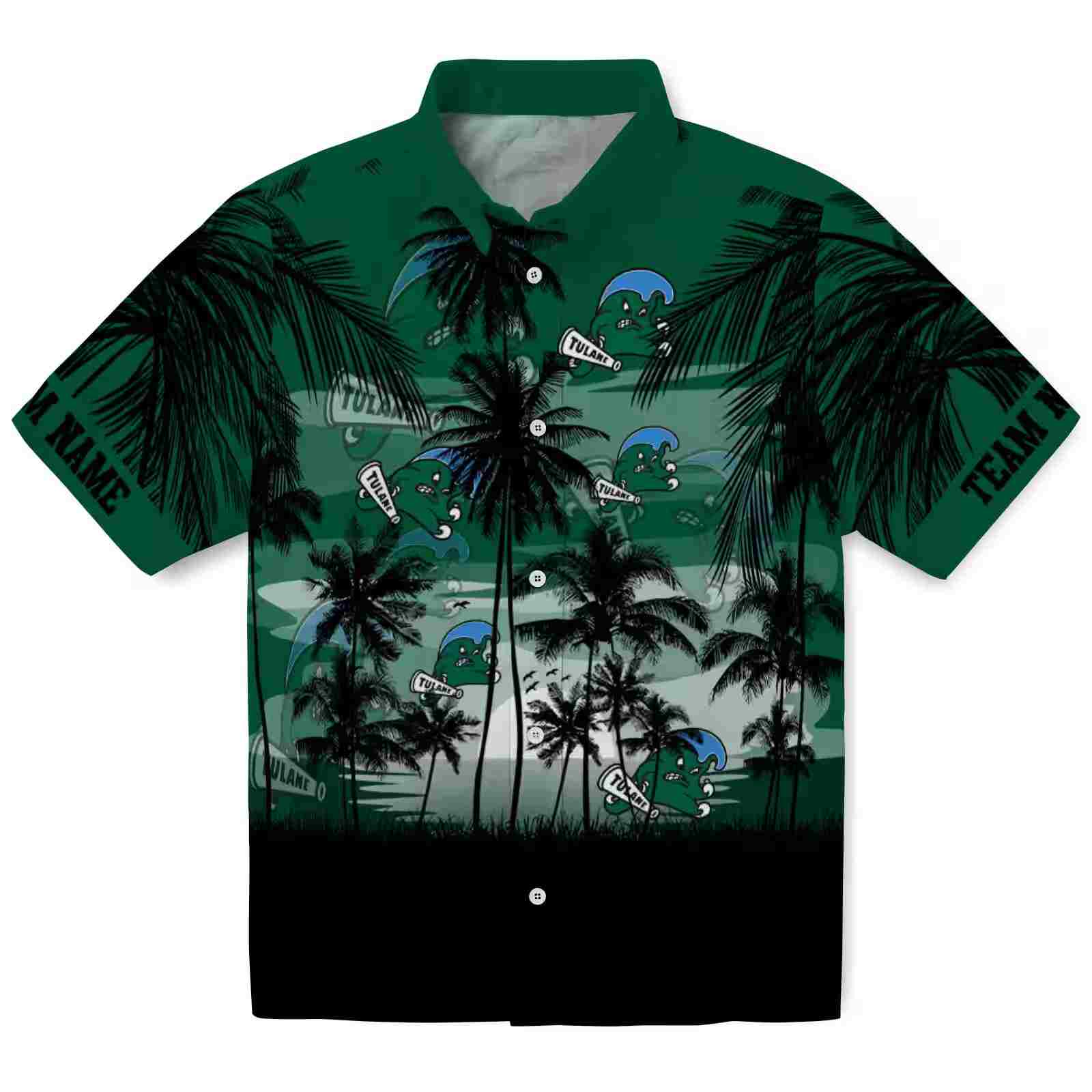 Custom Tulane Green Wave Sunset Scene Green Black Hawaiian Shirt