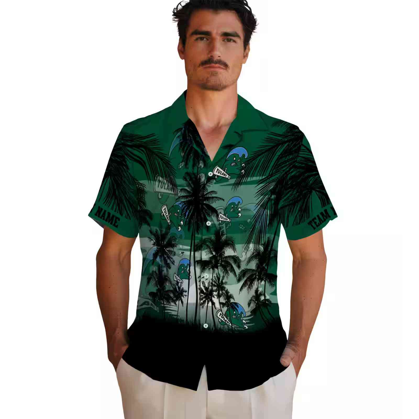 custom tulane green wave sunset scene green black hawaiian shirt fashion forward