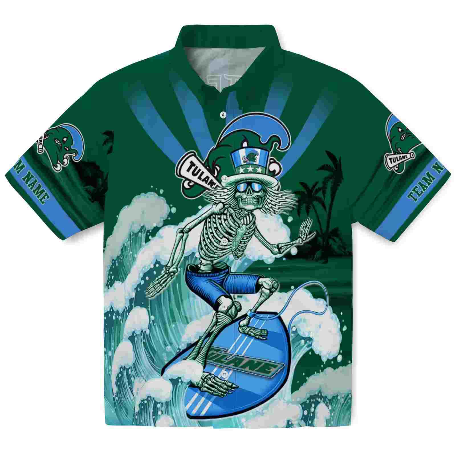 Custom Tulane Green Wave Surfing Skeleton Green Blue Hawaiian Shirt