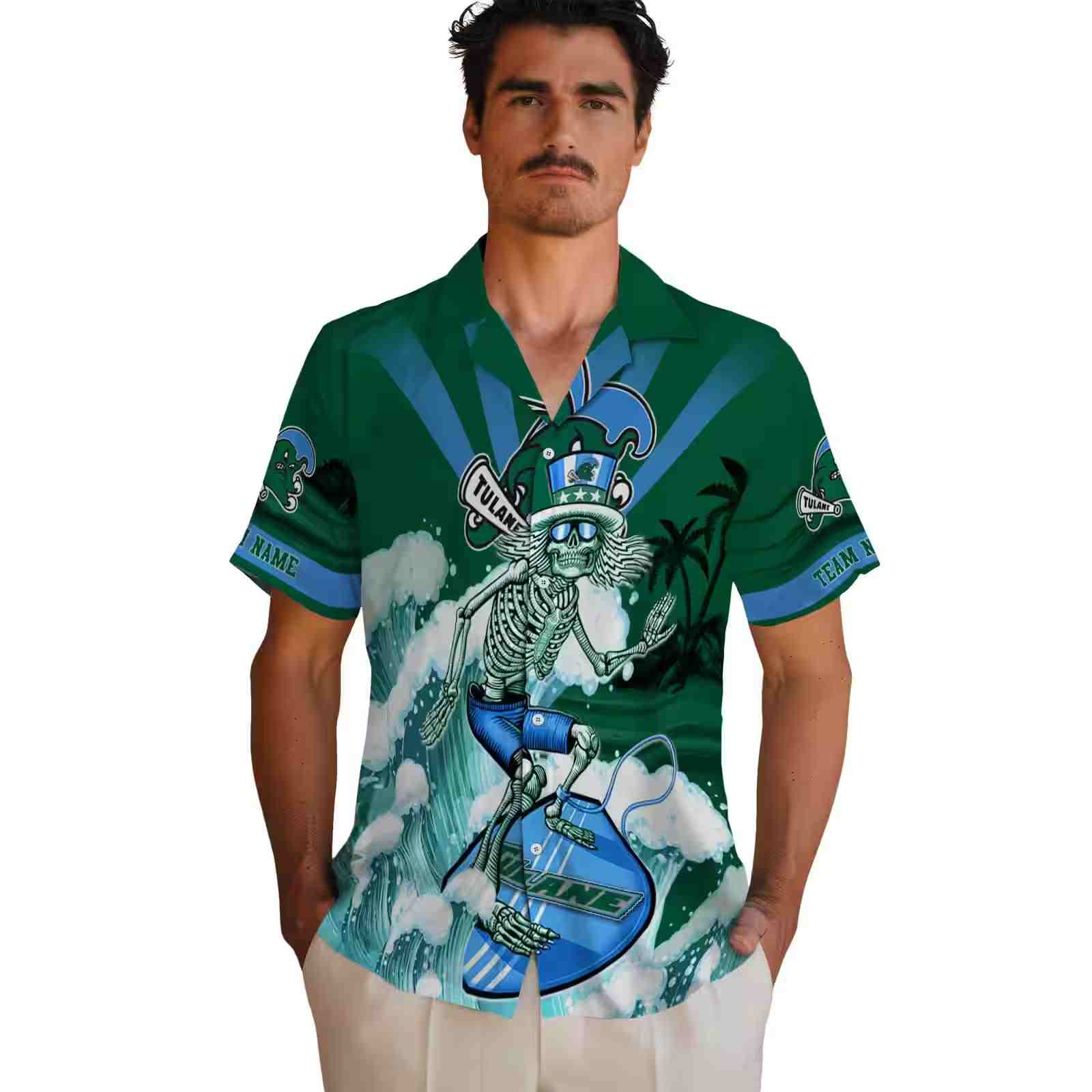 custom tulane green wave surfing skeleton green blue hawaiian shirt fashion forward