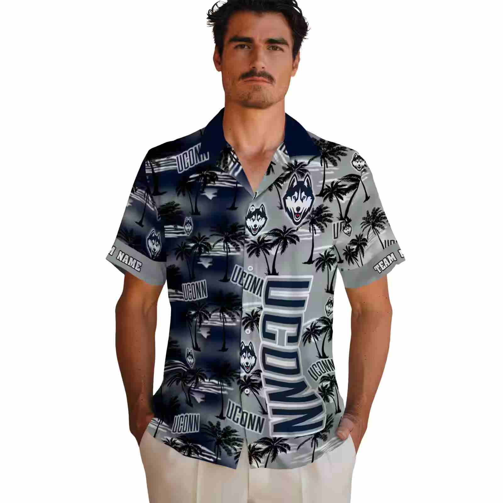 custom uconn huskies palm silhouettes blue hawaiian shirt fashion forward