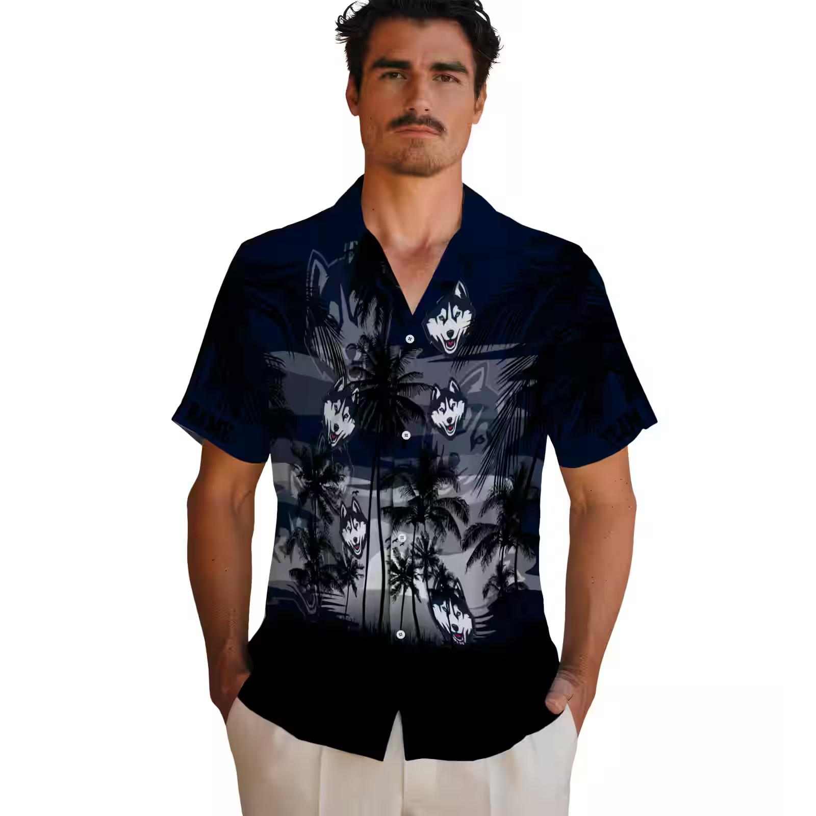 custom uconn huskies sunset scene blue black hawaiian shirt fashion forward