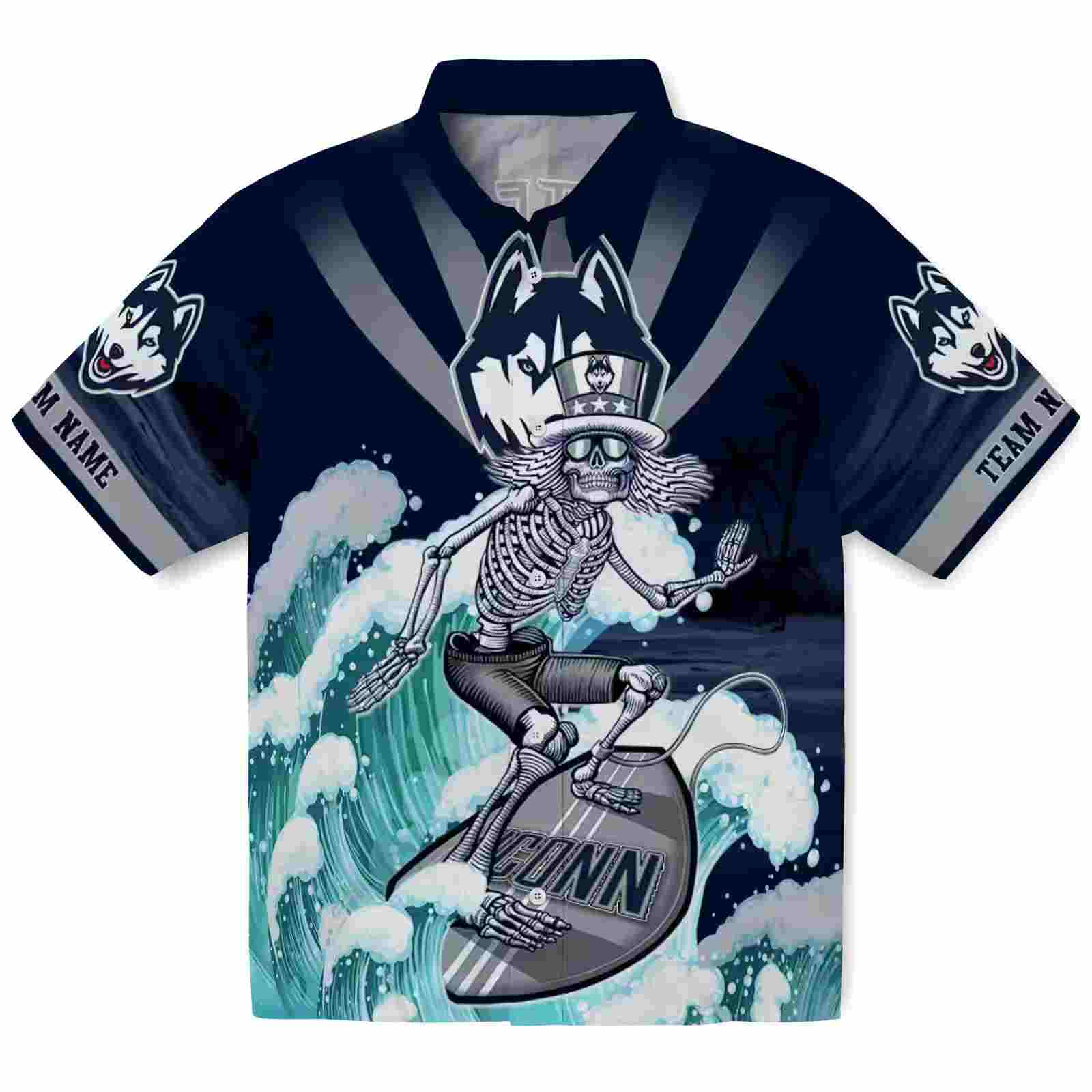 Custom UConn Huskies Surfing Skeleton Blue Hawaiian Shirt