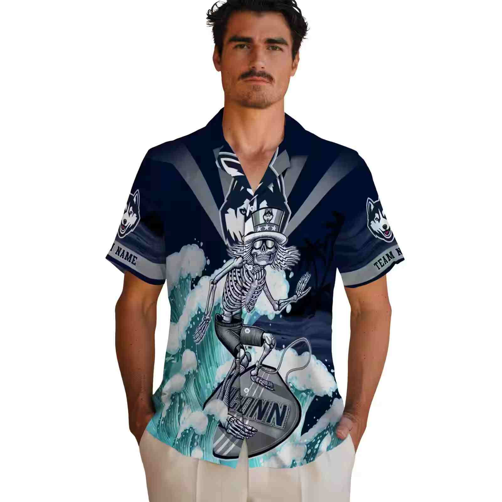 custom uconn huskies surfing skeleton blue hawaiian shirt fashion forward