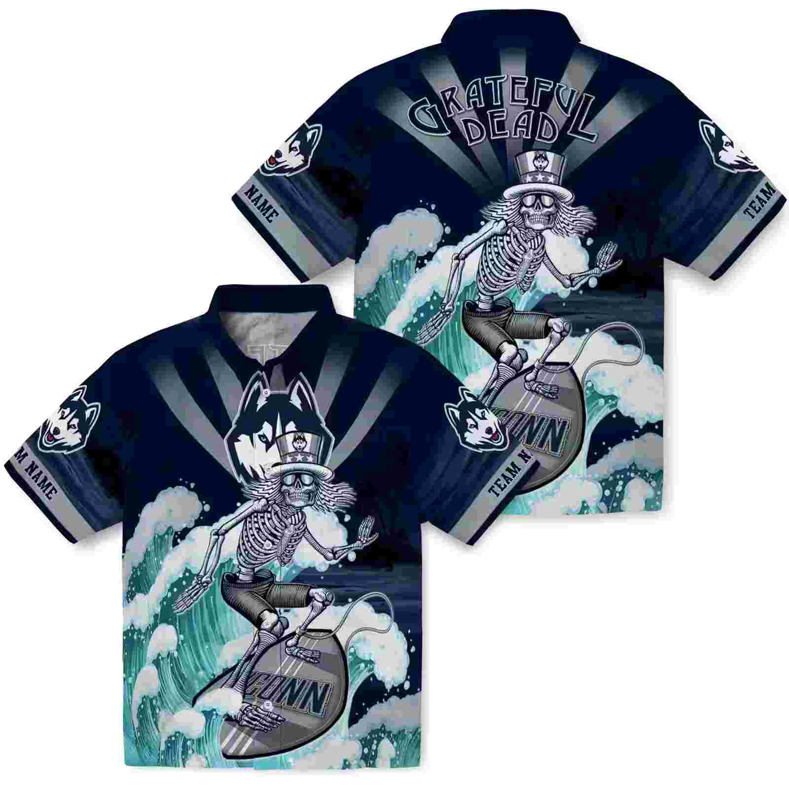 custom uconn huskies surfing skeleton blue hawaiian shirt high quality